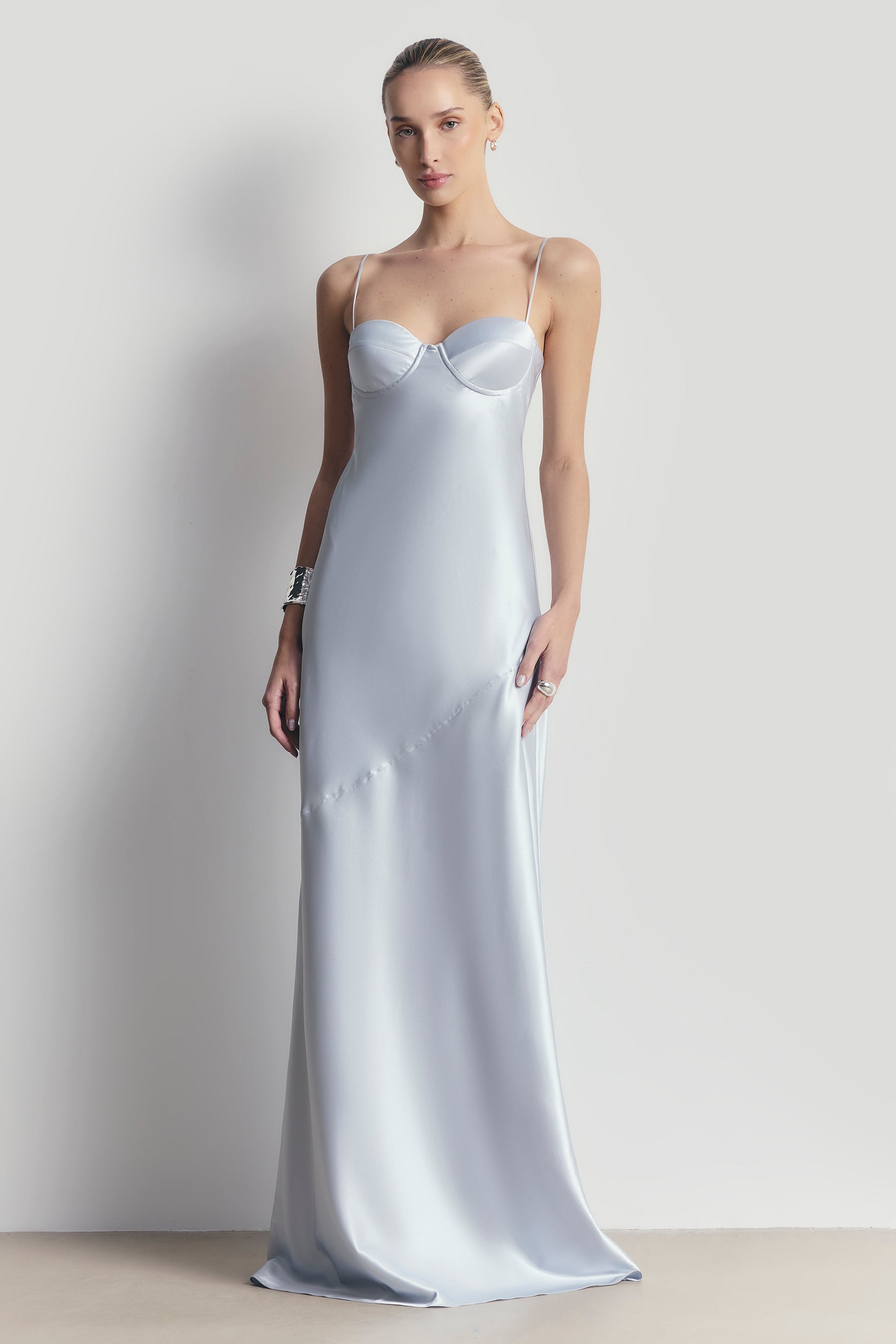karfri satin slip dress White Satin Slip Dress with Pearl Details - Cassidy Bridal Dress