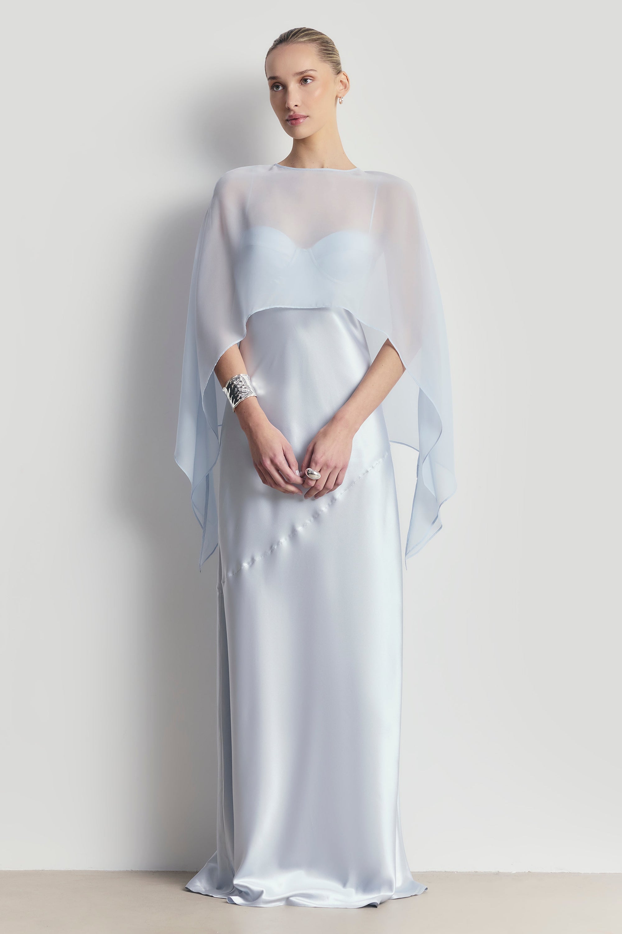 Sheer Chiffon Curved Hem Cape - Powder Blue
