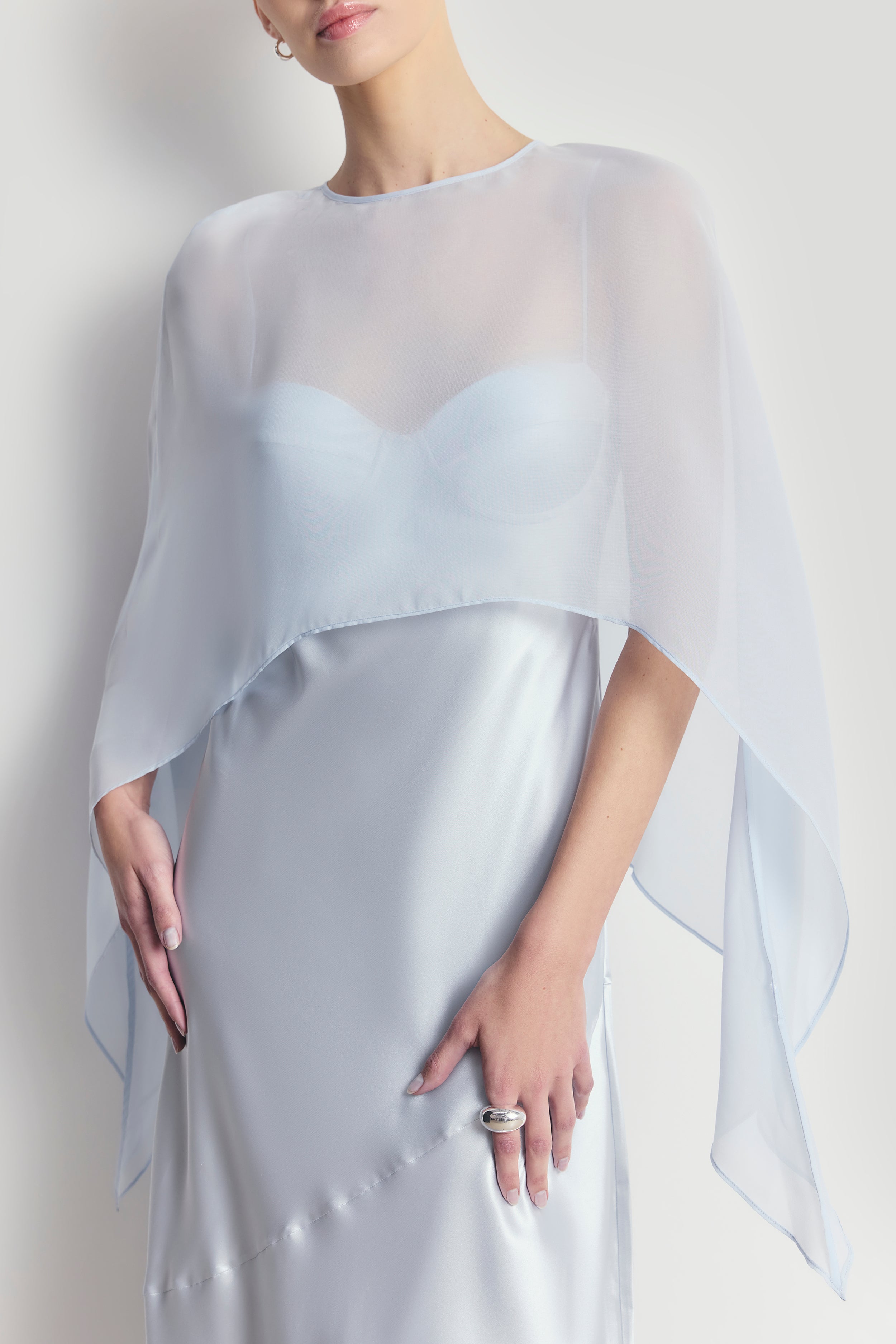 Sheer Chiffon Curved Hem Cape - Powder Blue