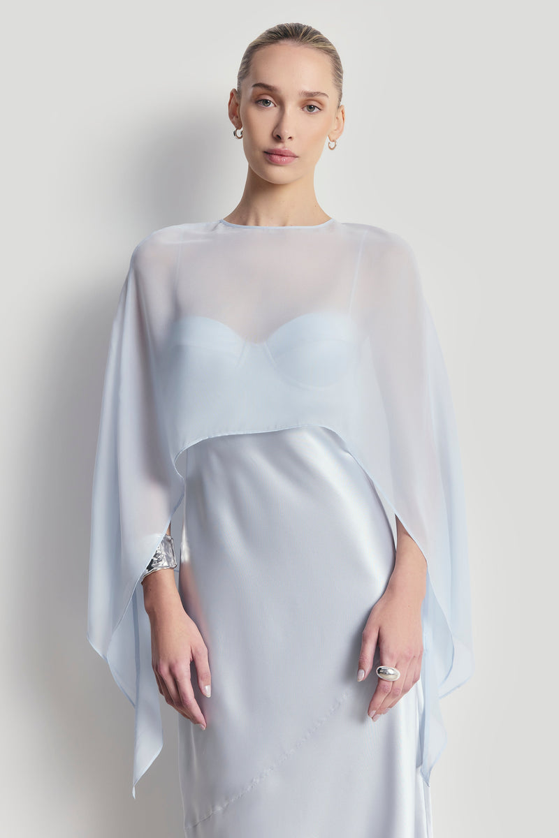 Sheer Chiffon Curved Hem Cape - Powder Blue