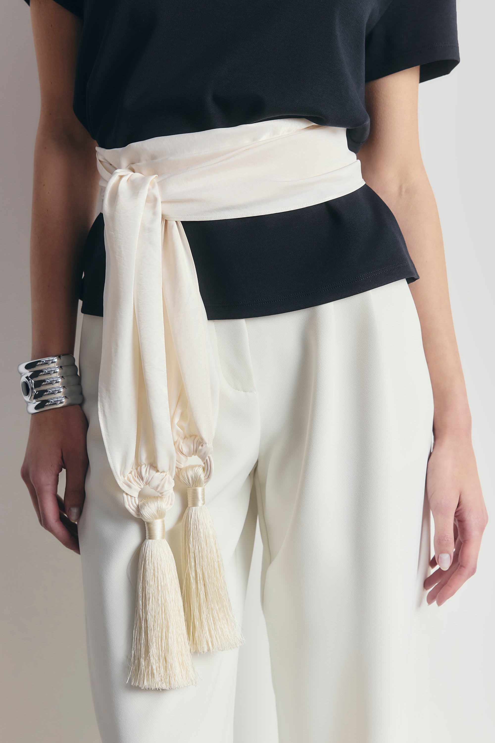 High Gloss Satin Tassel Shawl - Cream