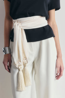 High Gloss Satin Tassel Shawl - Cream