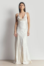 Satin Jacquard Asymmetric Panel Gown - Cream