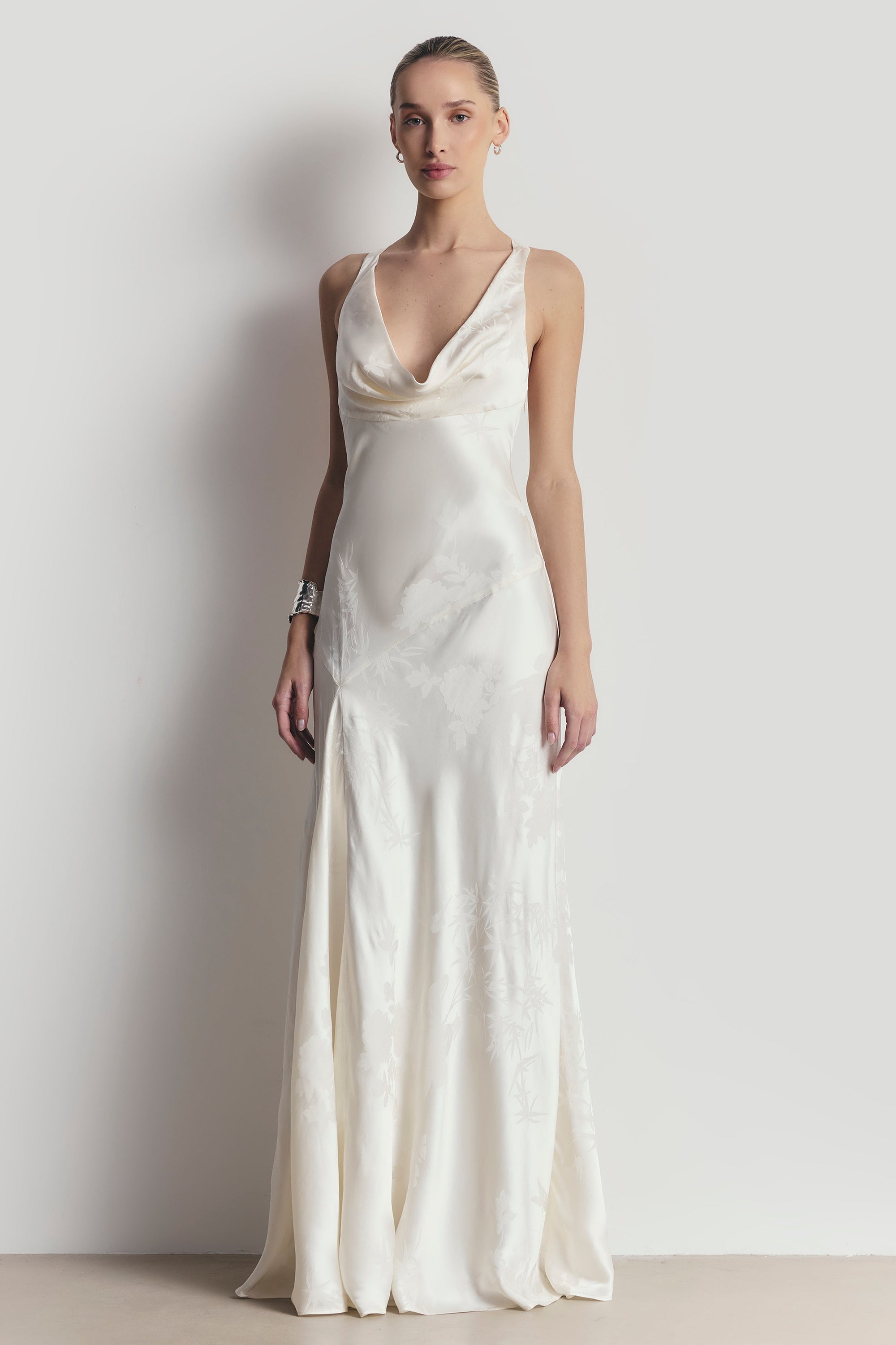 Satin Jacquard Asymmetric Panel Gown - Cream Satin Jacquard Asymmetric Panel Gown - Cream