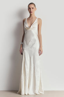 Satin Jacquard Asymmetric Panel Gown - Cream