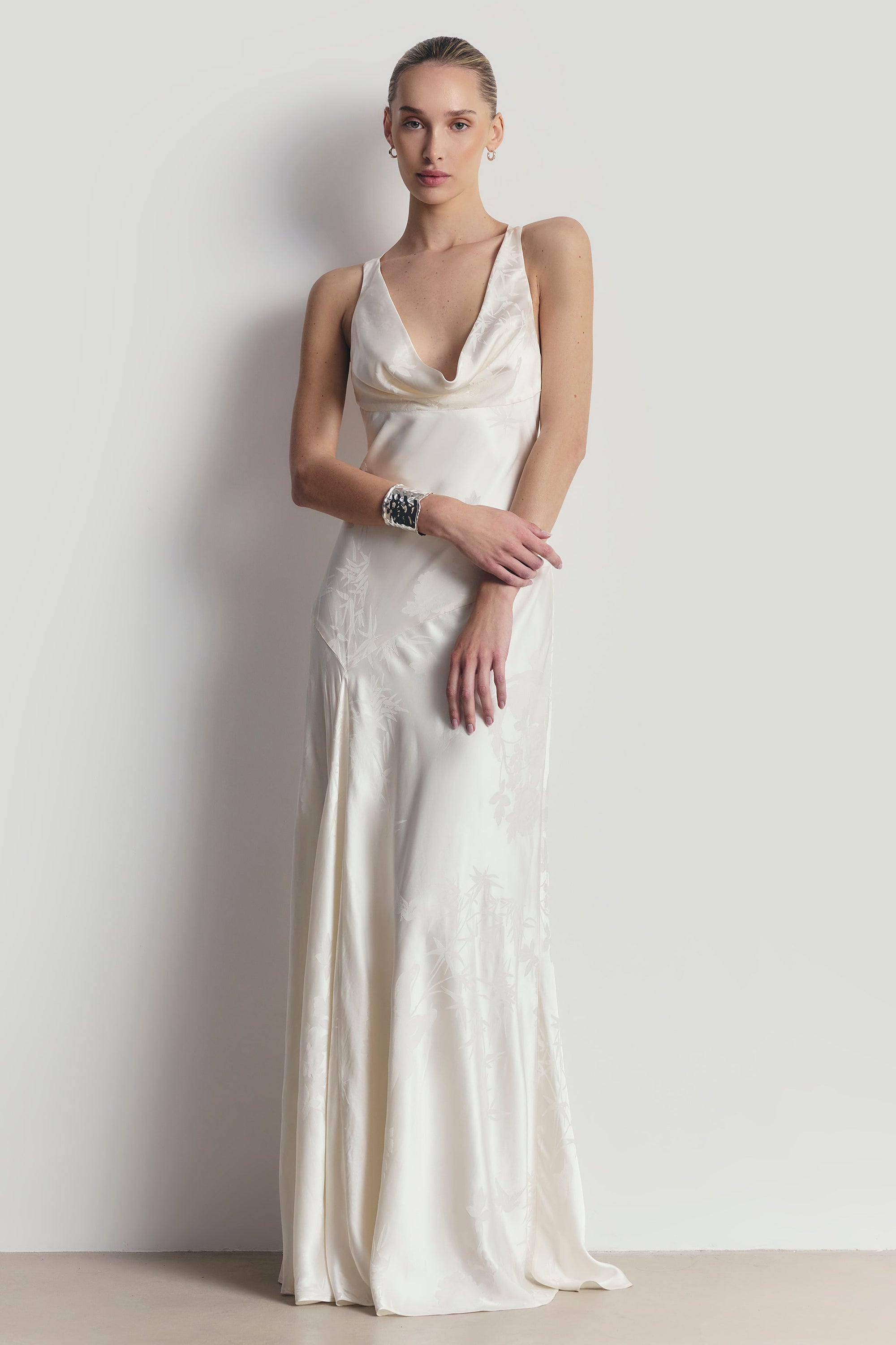 satin jacquard dress Satin Jacquard Asymmetric Panel Gown - Cream