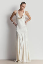 Satin Jacquard Asymmetric Panel Gown - Cream