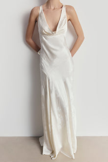 Satin Jacquard Asymmetric Panel Gown - Cream