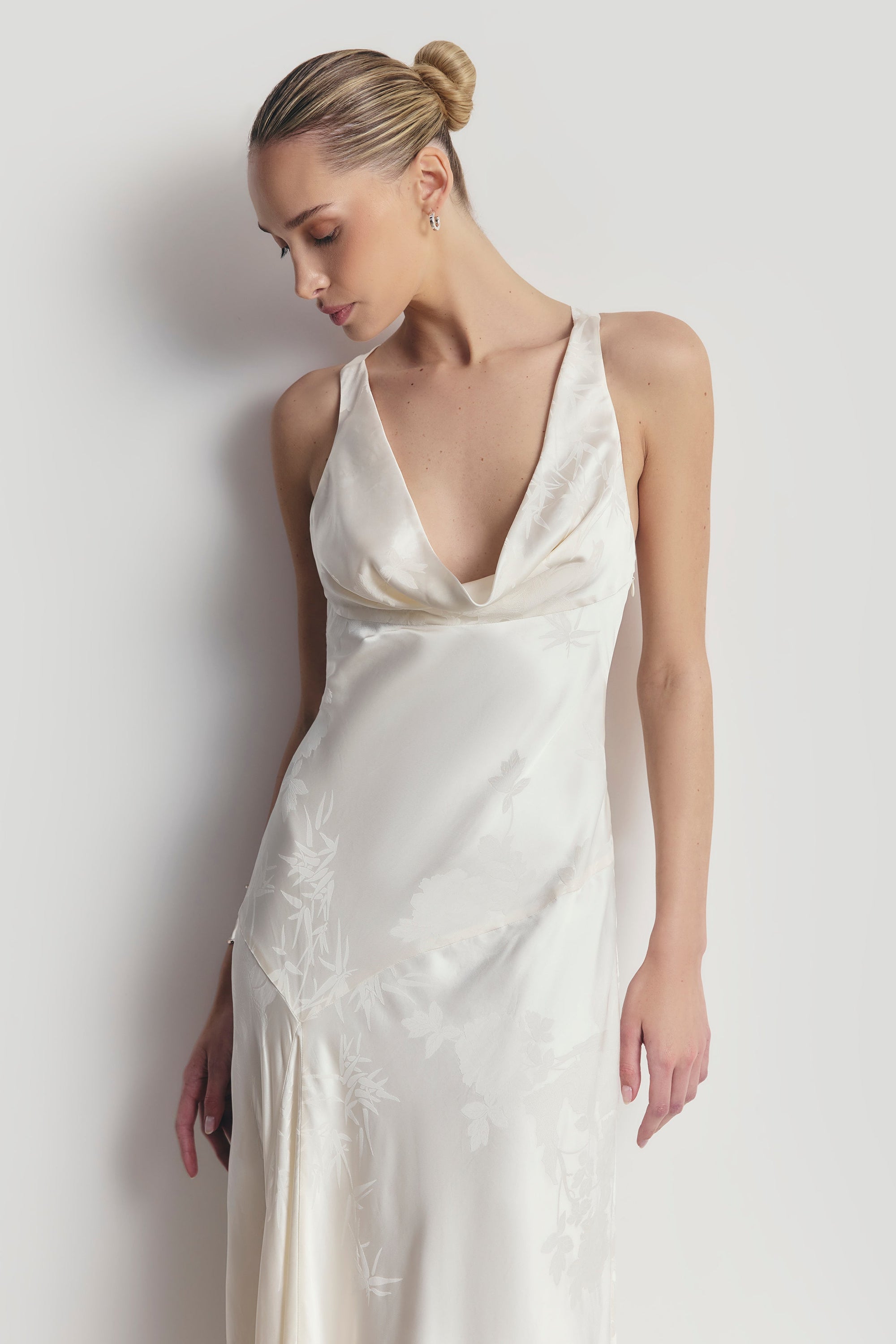 Satin Jacquard Asymmetric Panel Gown - Cream