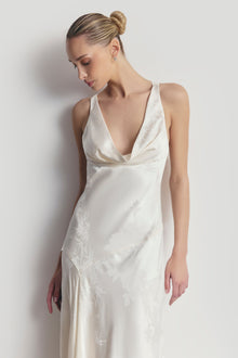 Satin Jacquard Asymmetric Panel Gown - Cream