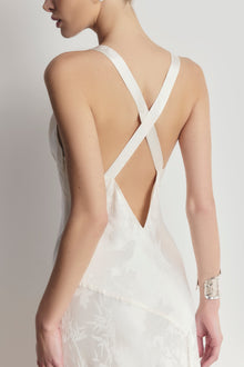 Satin Jacquard Asymmetric Panel Gown - Cream