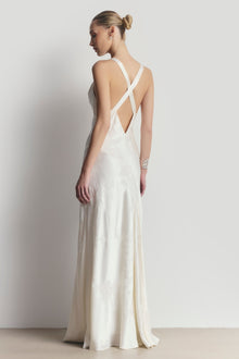 Satin Jacquard Asymmetric Panel Gown - Cream