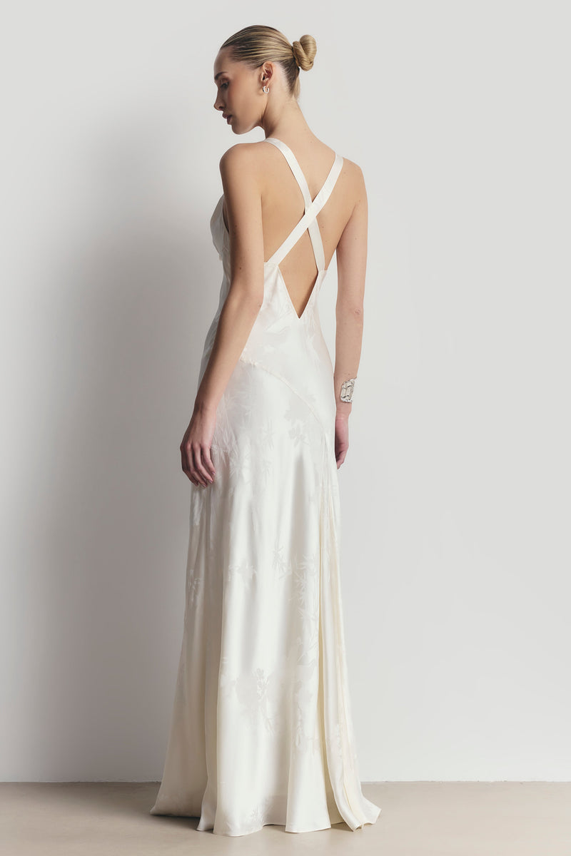 Satin Jacquard Asymmetric Panel Gown - Cream