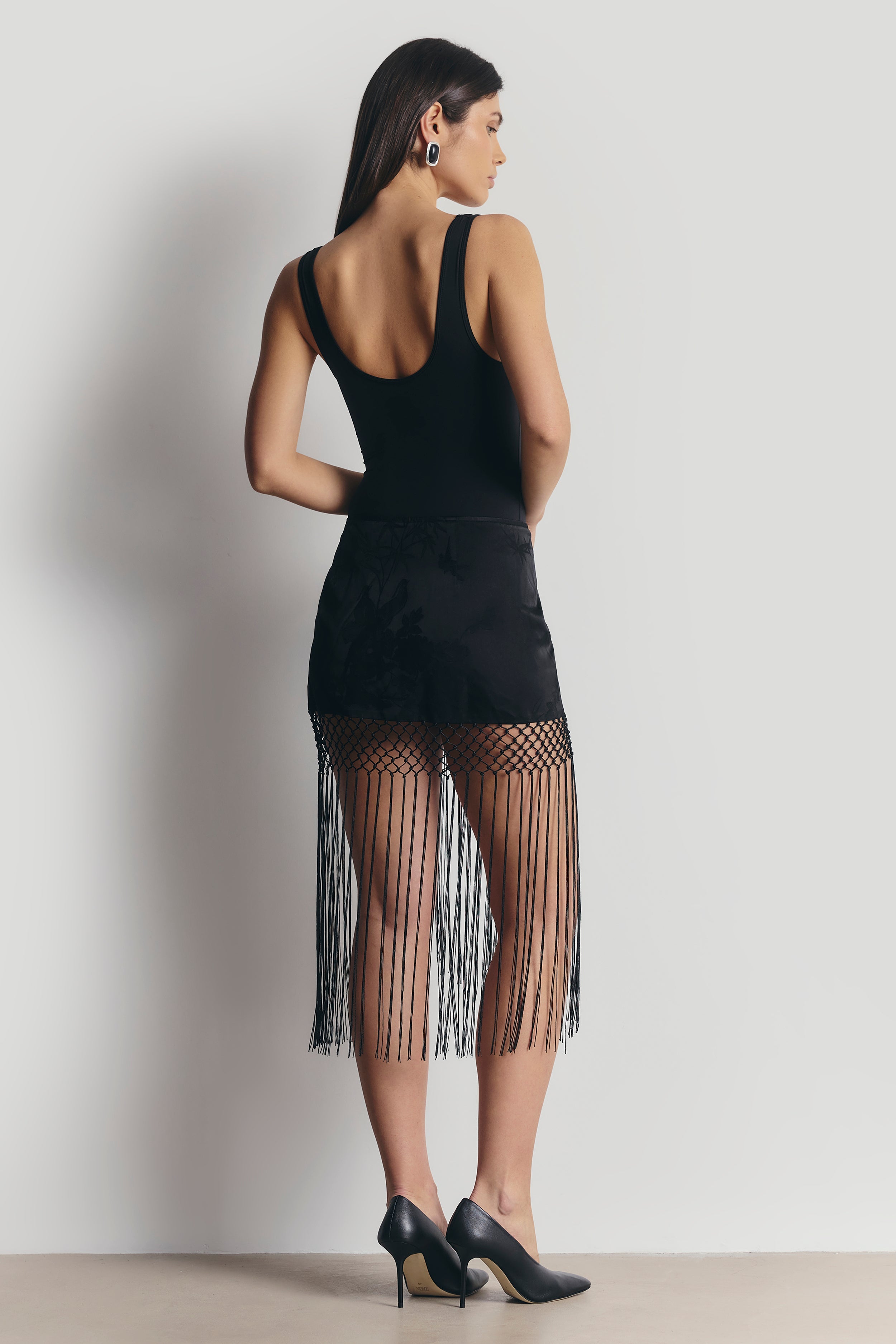 Satin Jacquard Sarong Midi Skirt with Fringing - Black