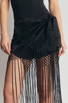 Satin Jacquard Sarong Midi Skirt with Fringing - Black