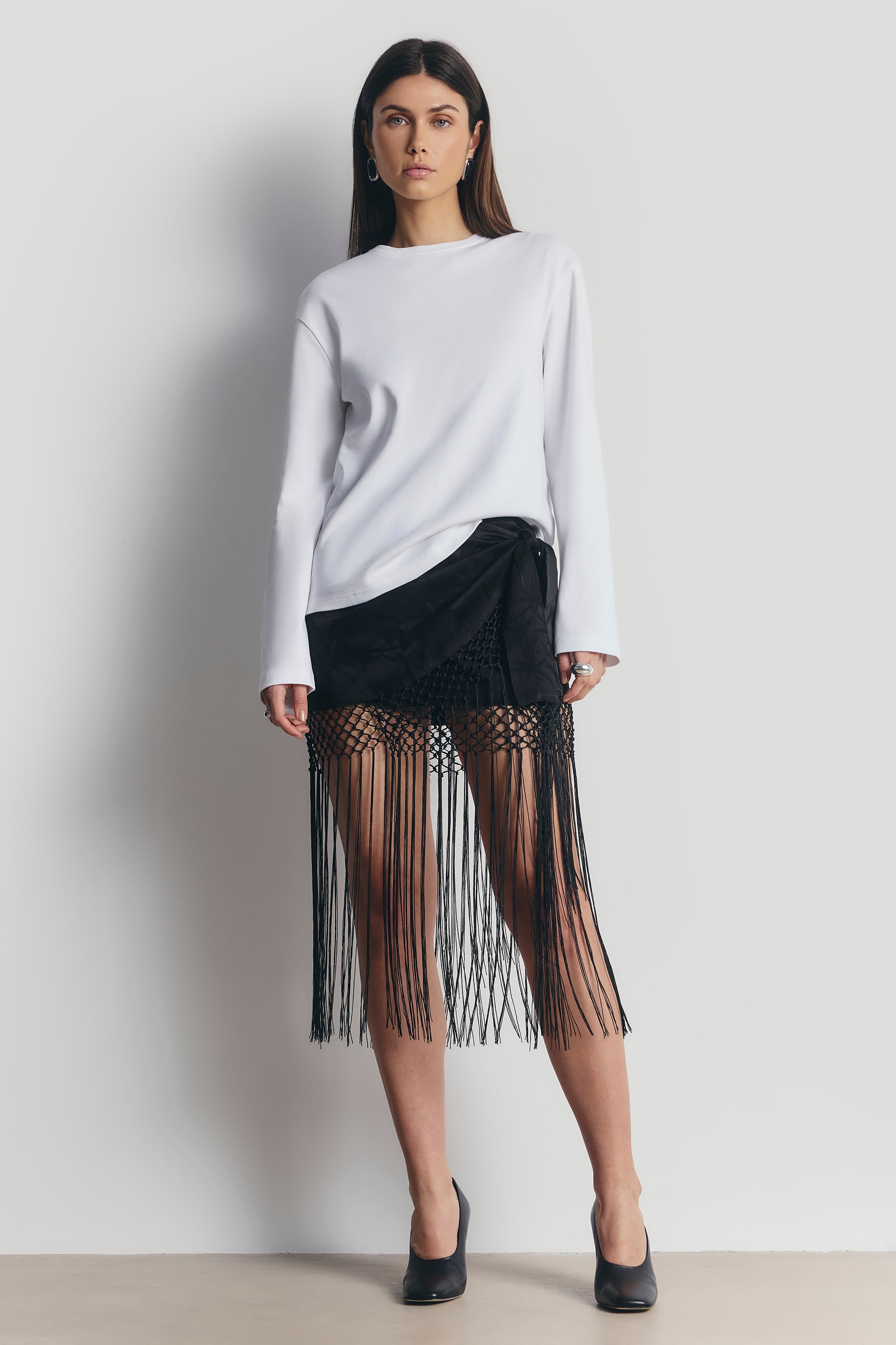 Satin Jacquard Sarong Midi Skirt with Fringing - Black | BOA