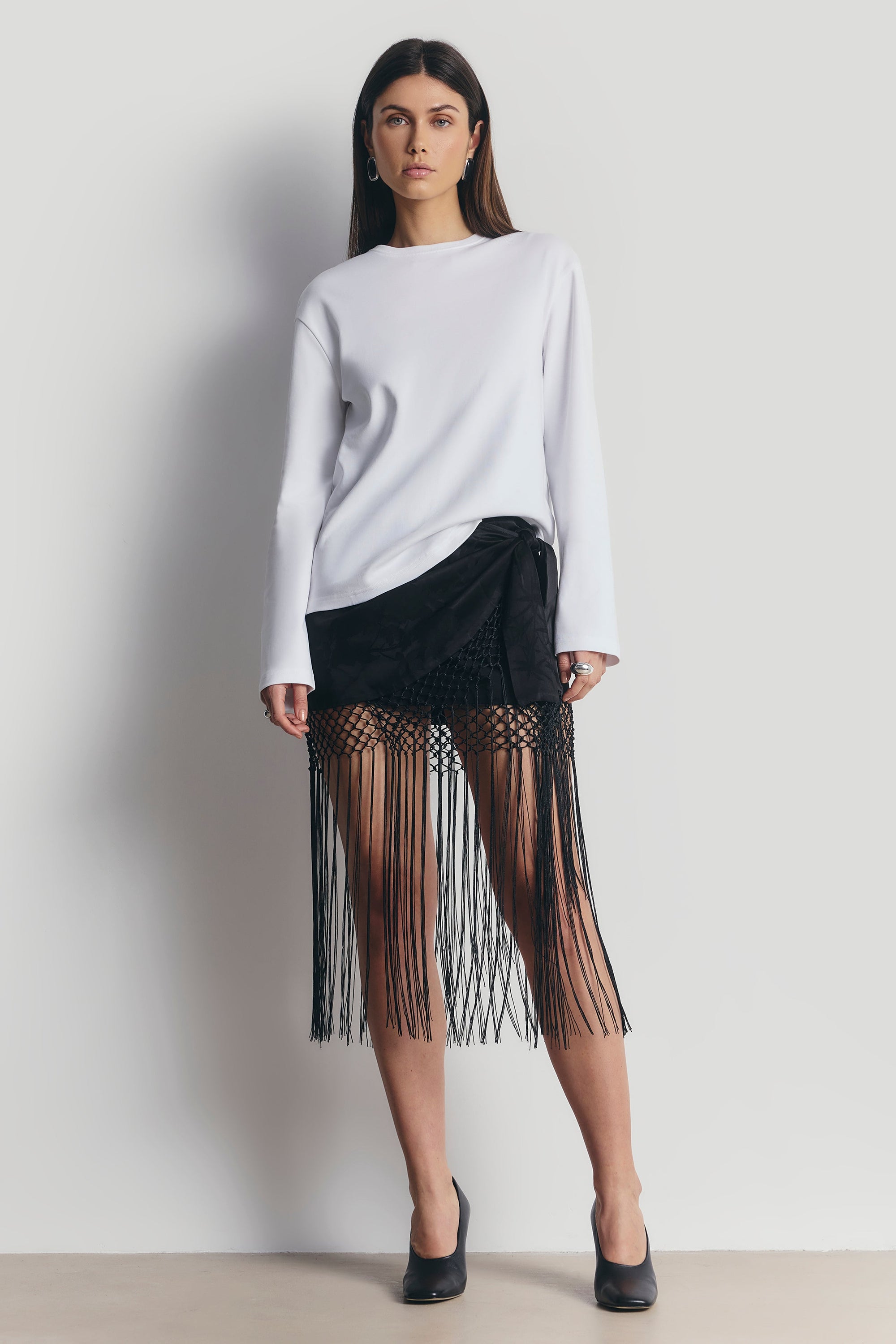 Satin Jacquard Sarong Midi Skirt with Fringing - Black