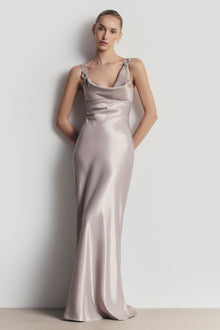 High Gloss Satin Cowl Neck Gown - Pebble