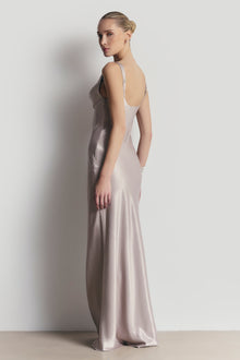High Gloss Satin Cowl Neck Gown - Pebble