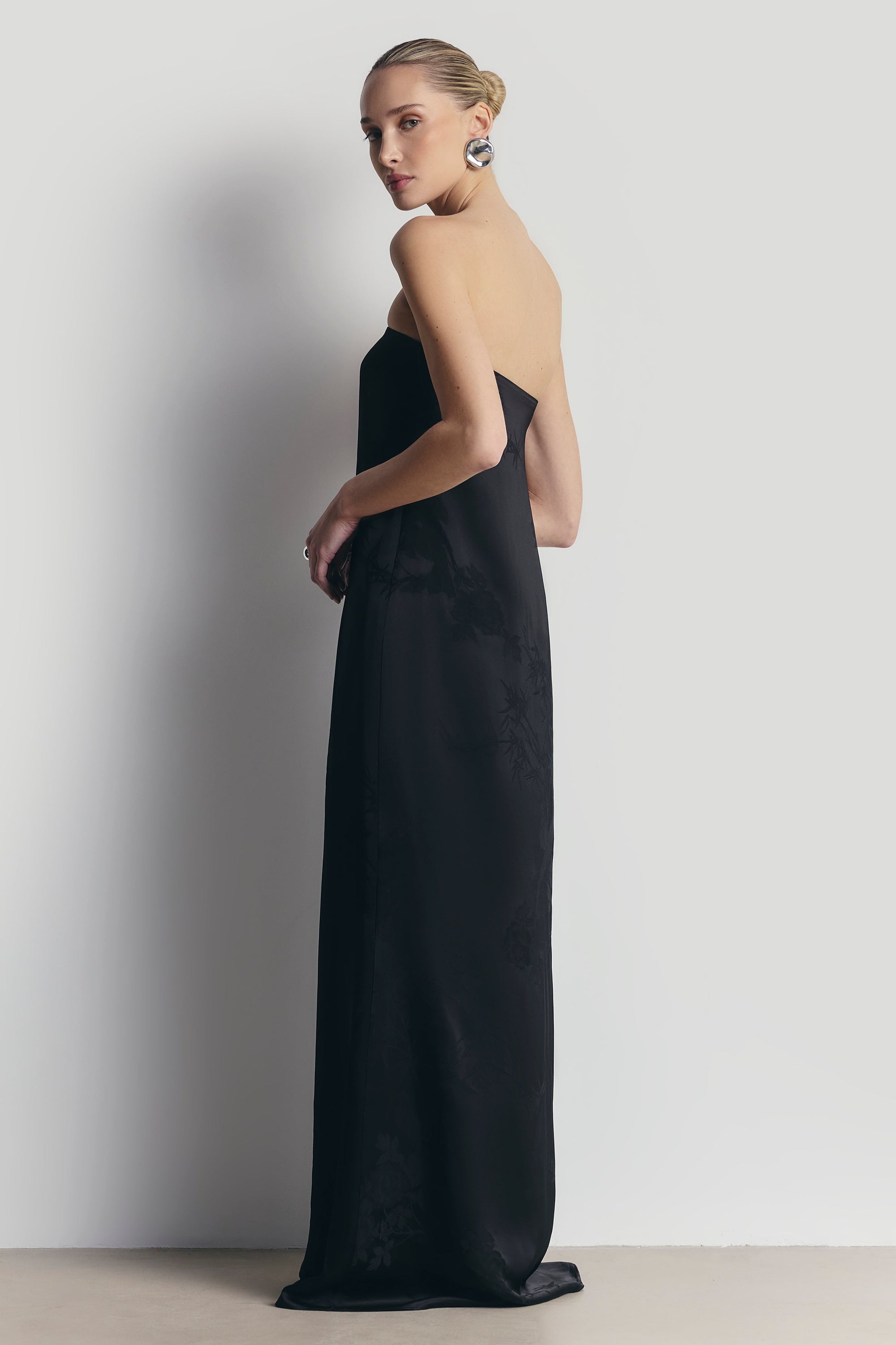 black satin jacquard dress Maura Satin Jacquard Midi Dress in Wave Jacquard Black