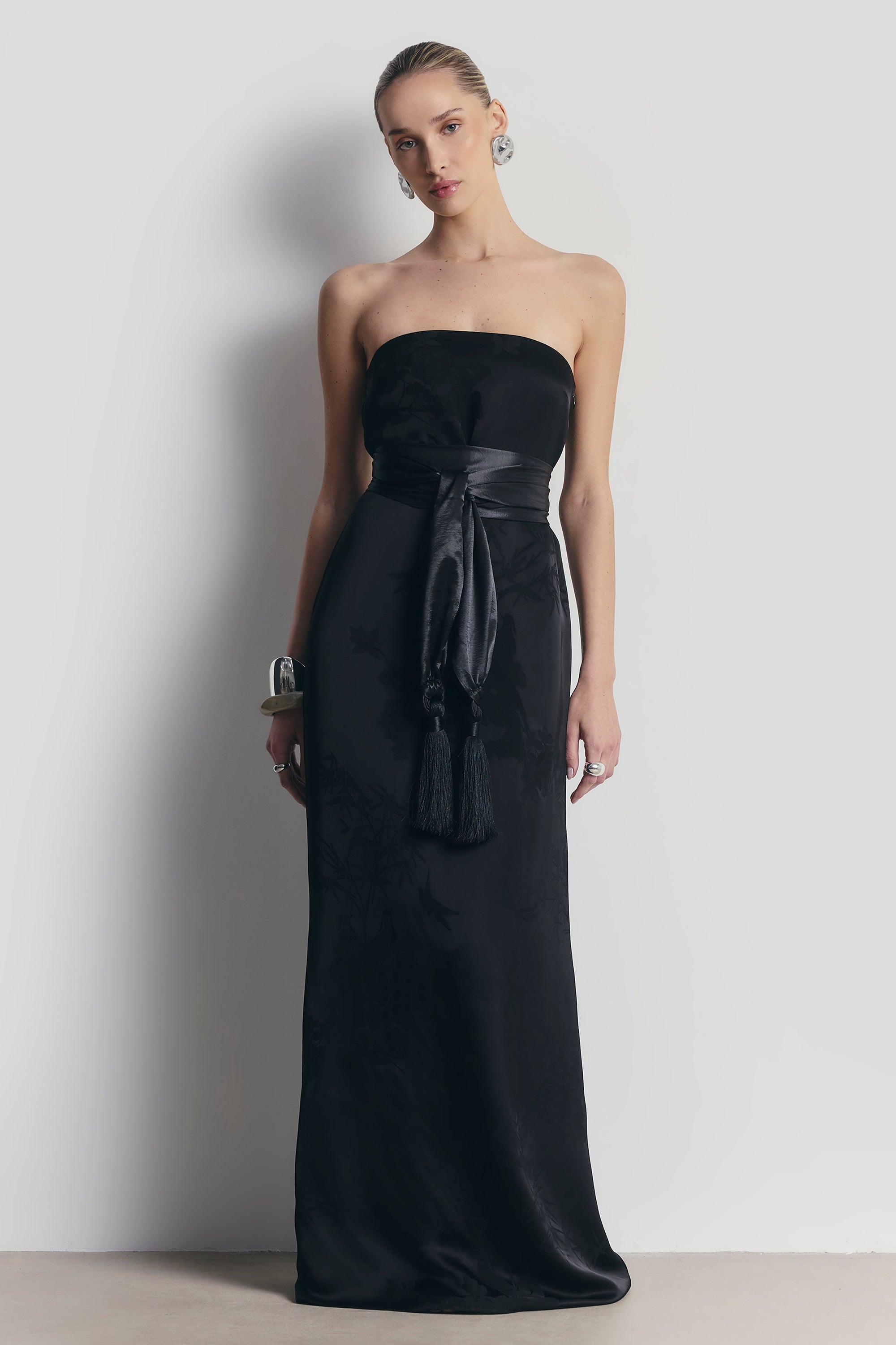 High Gloss Satin Tassel Shawl - Black | BOA High Gloss Satin Tassel Shawl - Black | BOA