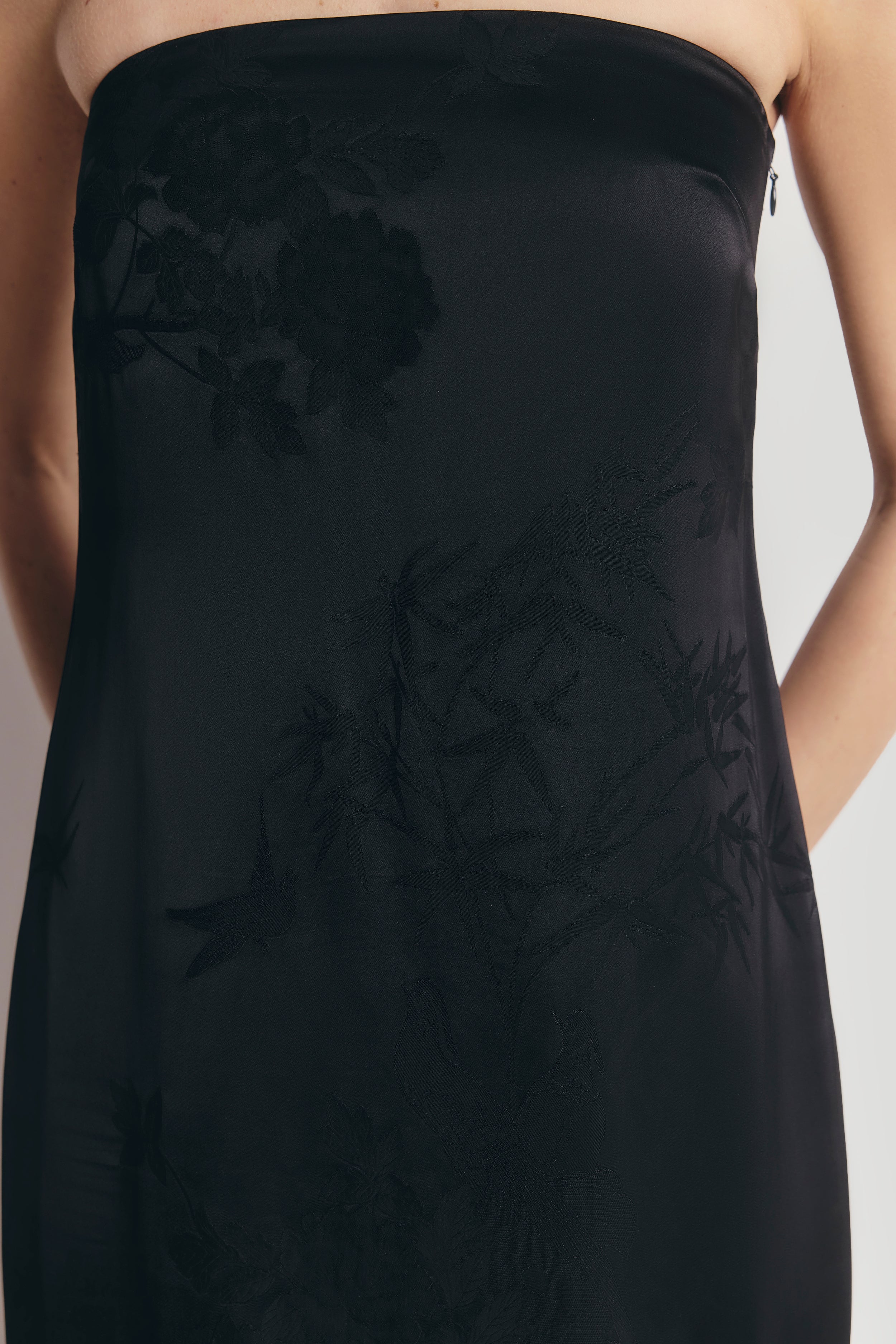 Satin Jacquard Strapless Maxi Dress - Black