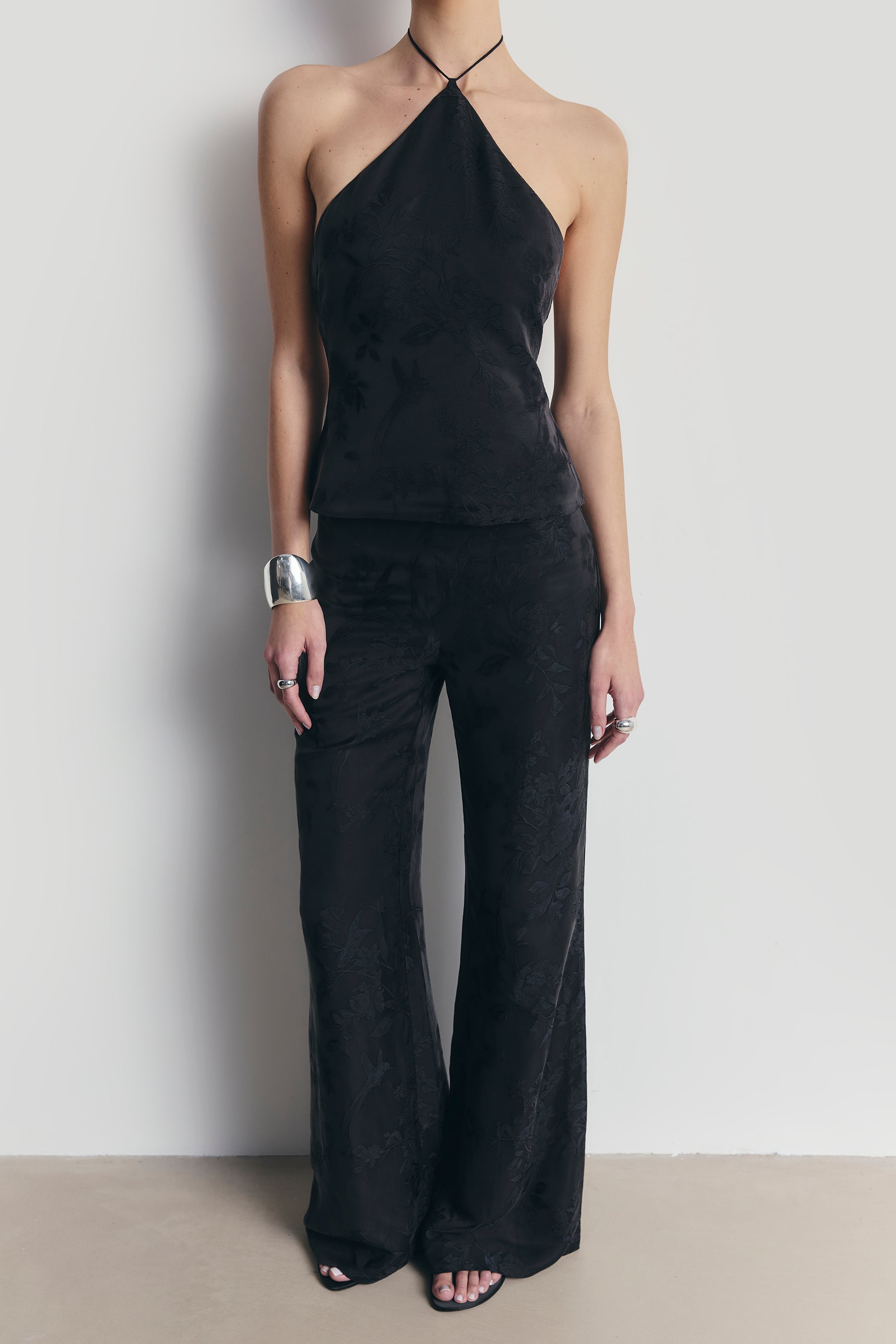 Cupro Jacquard Tailored Wide Leg Trousers - Charcoal