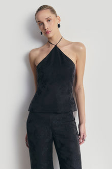 Cupro Jacquard Tailored Halterneck Top - Charcoal