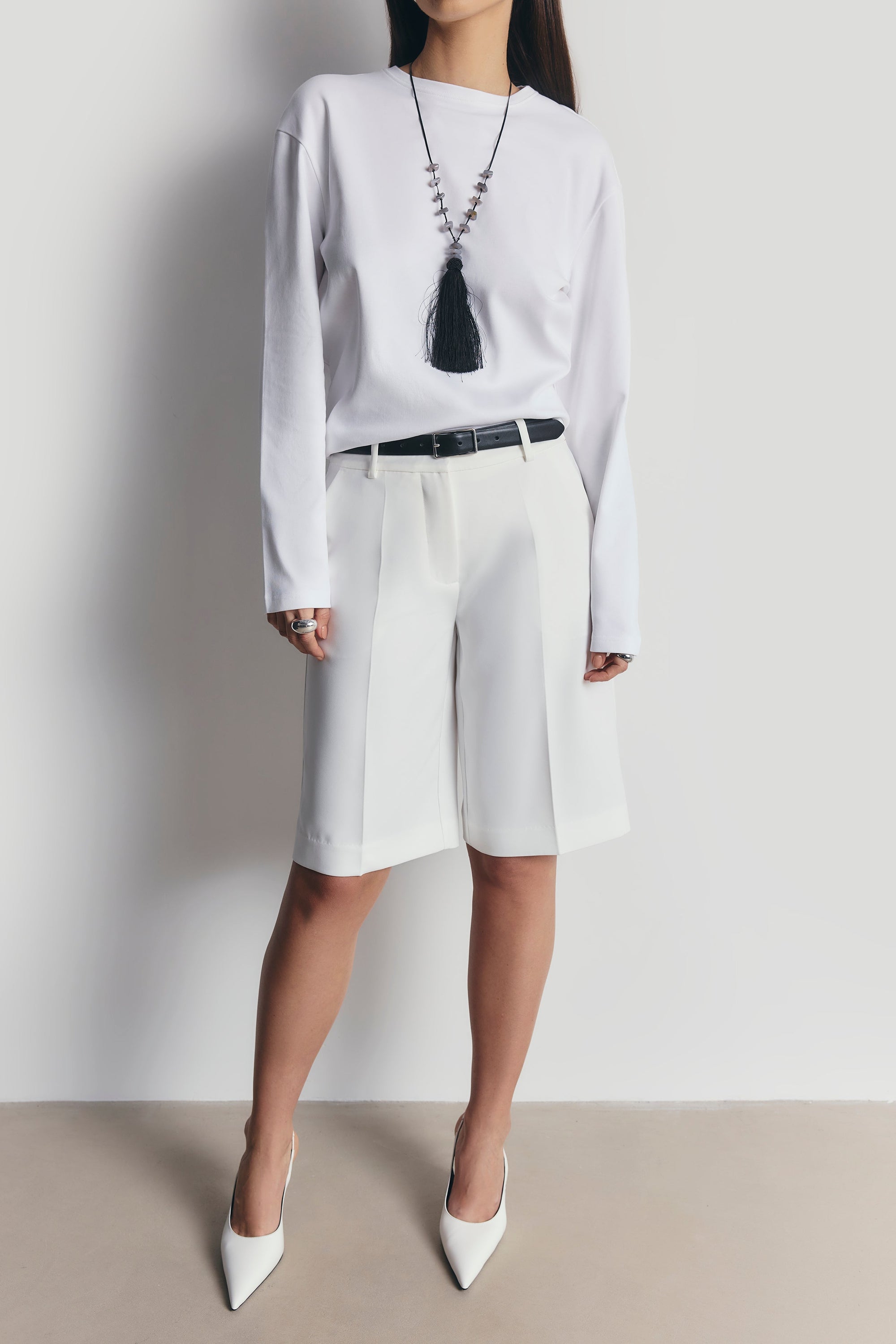 Satin Detail Longline Shorts - White