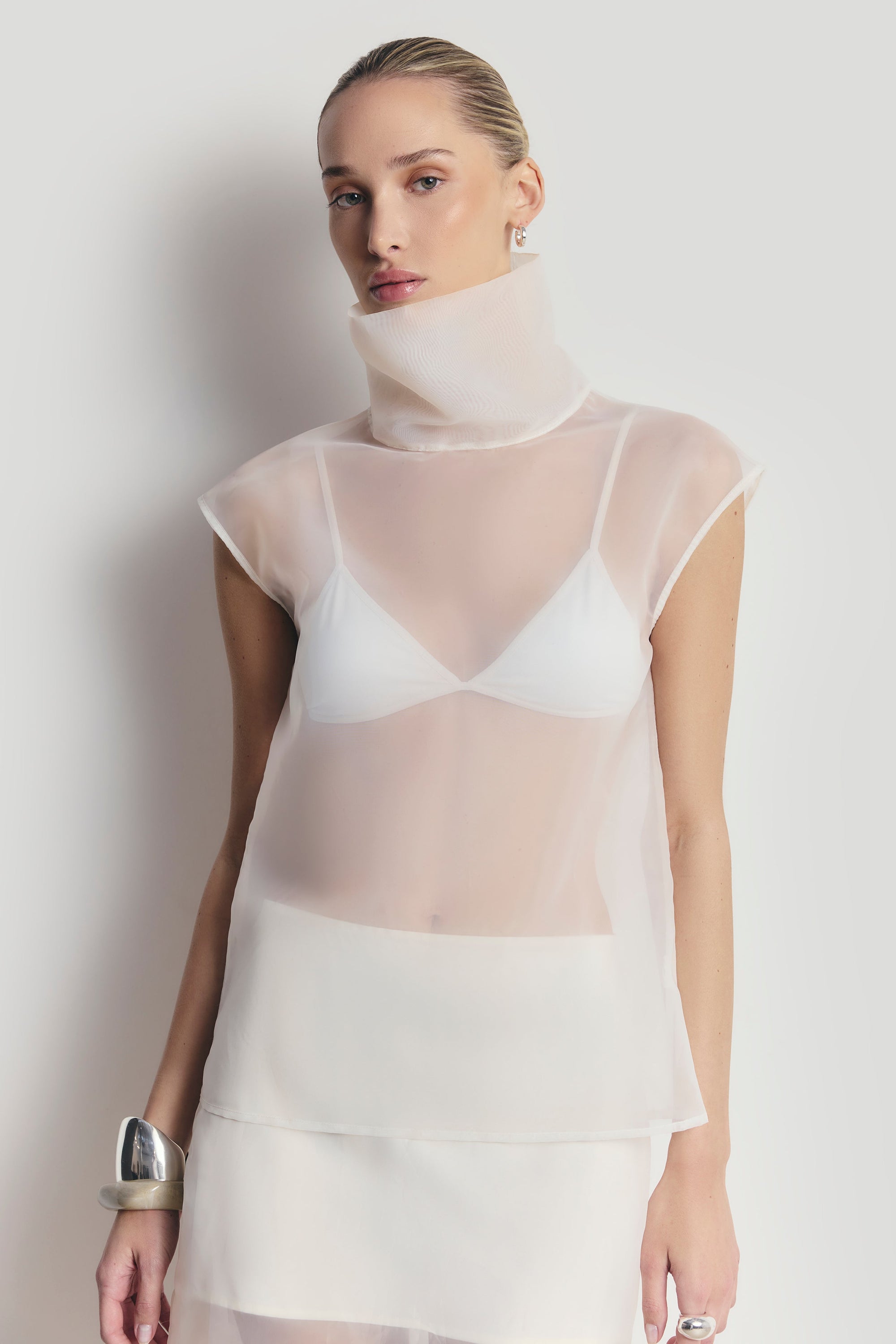 Sheer Organza Funnel Neck Blouse - Cream