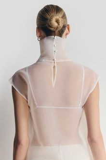 Sheer Organza Funnel Neck Blouse - Cream