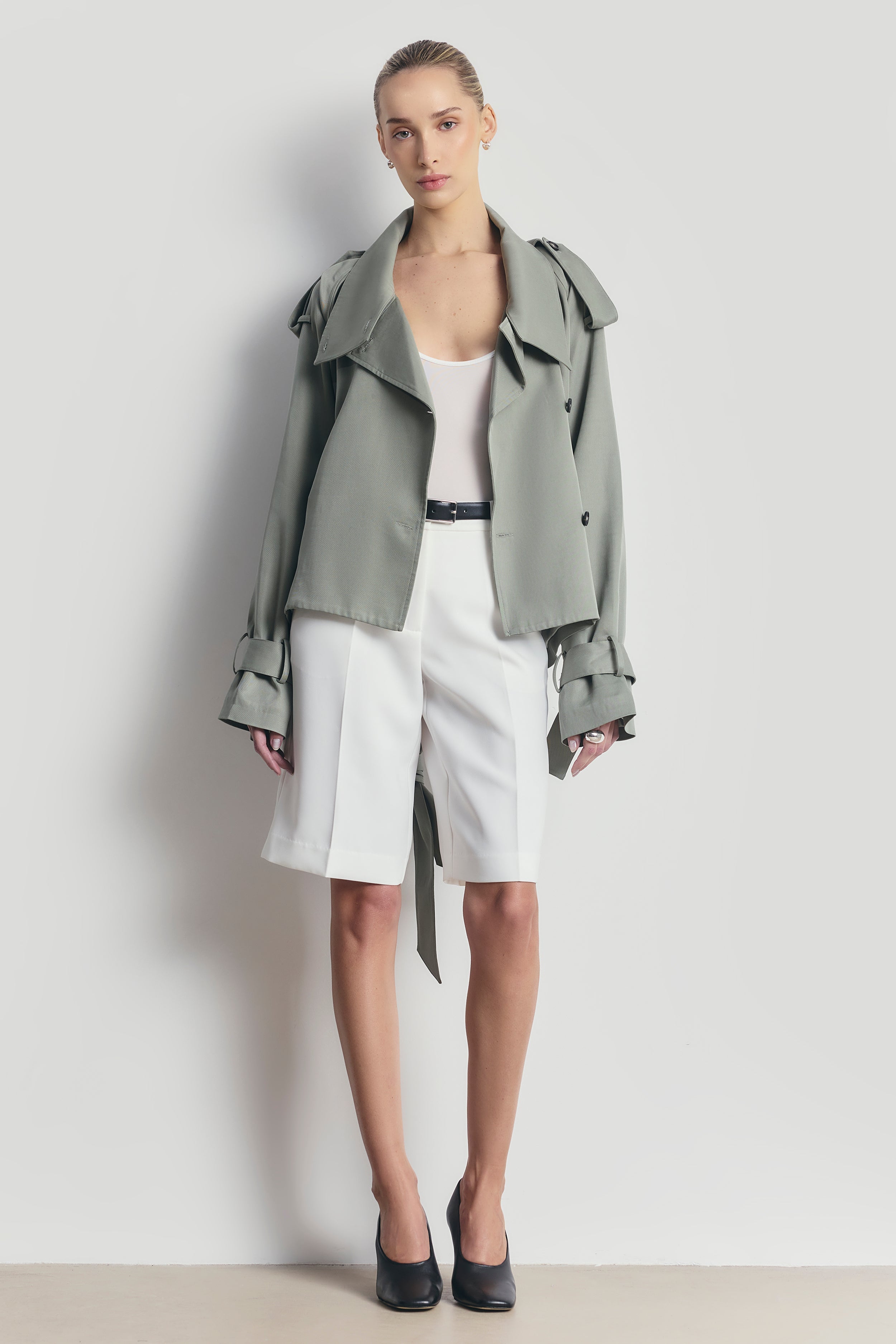 Cropped Funnel Neck Trench - Antique Sage | BOA