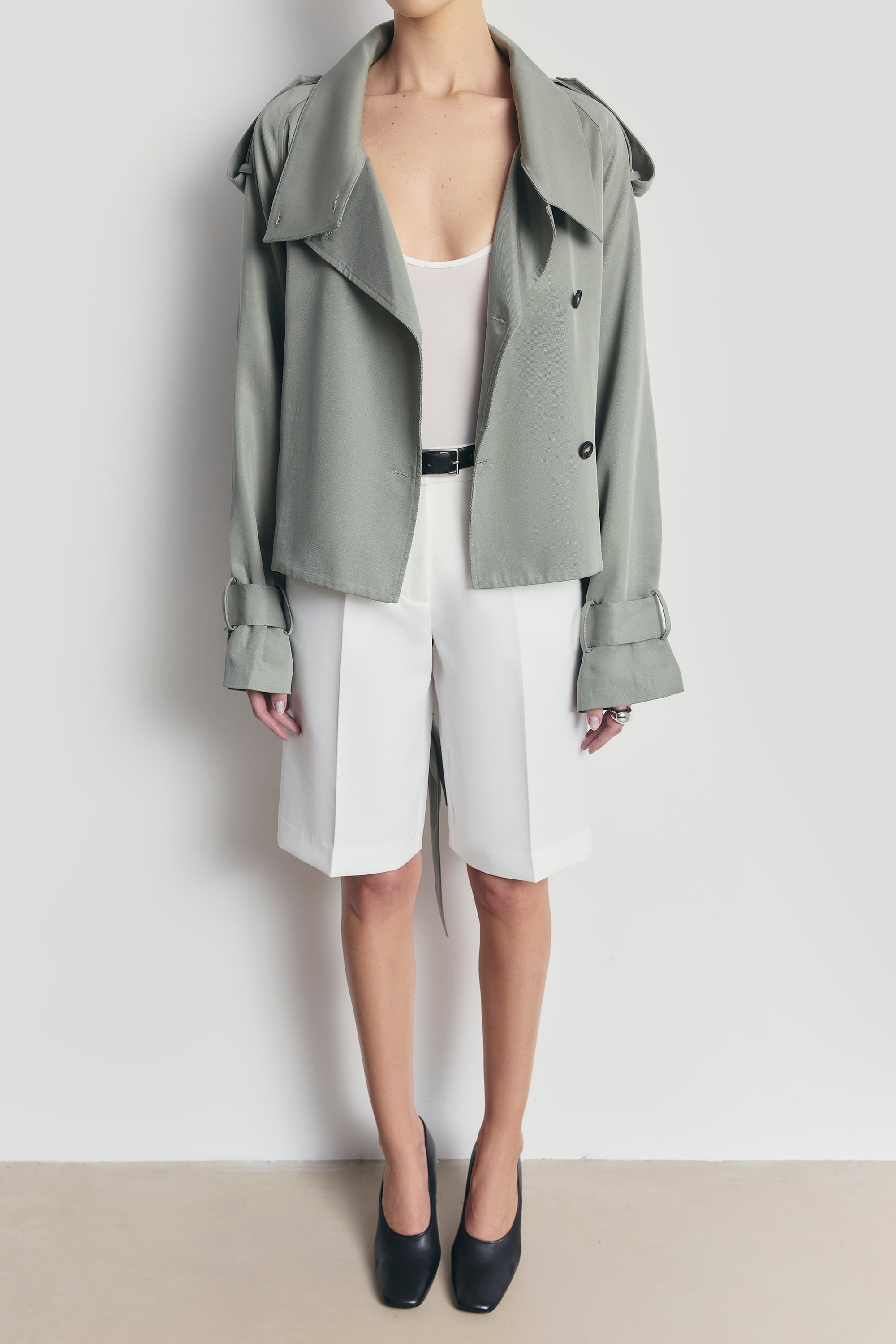 Cropped Funnel Neck Trench - Antique Sage