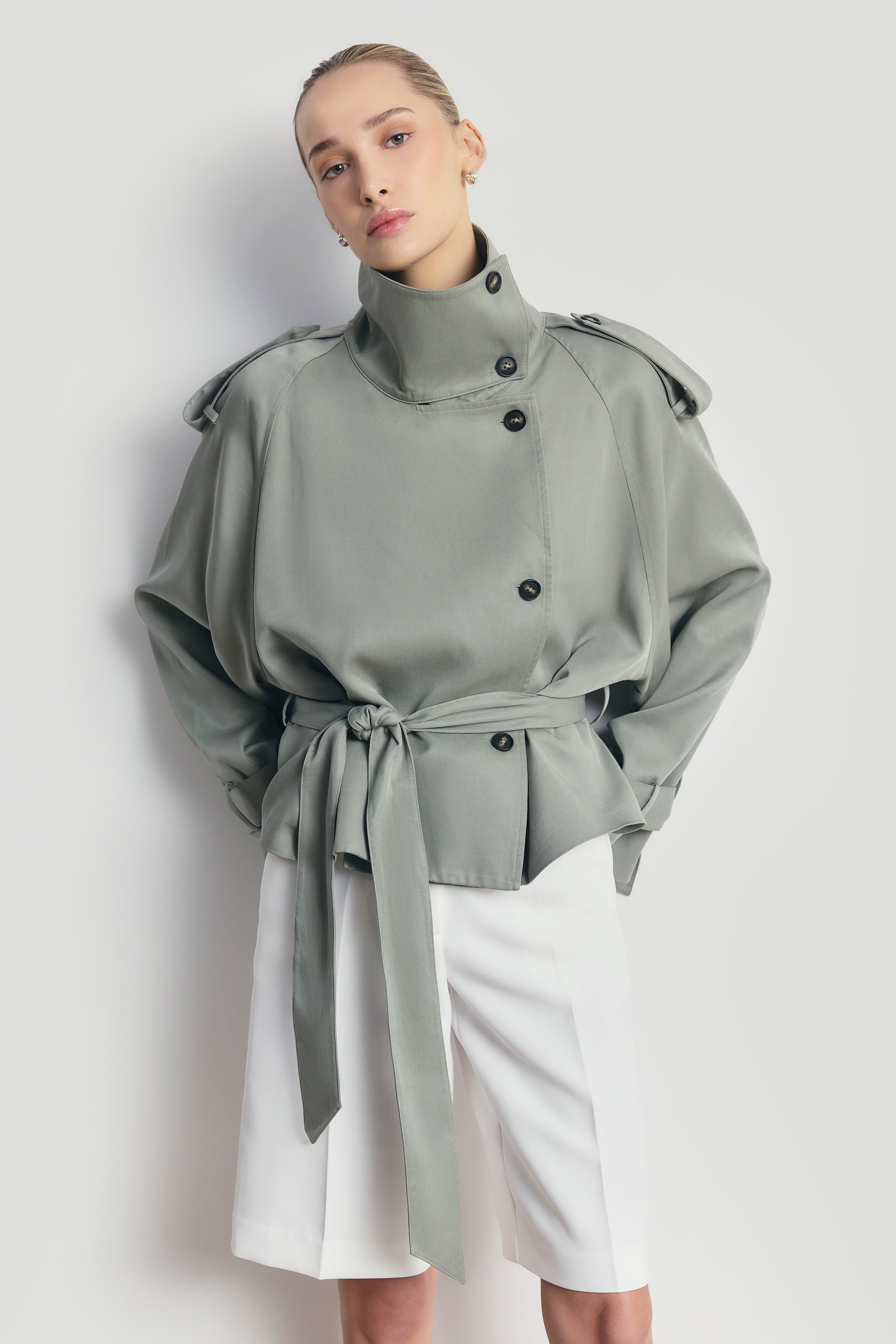 Cropped Funnel Neck Trench - Antique Sage | BOA