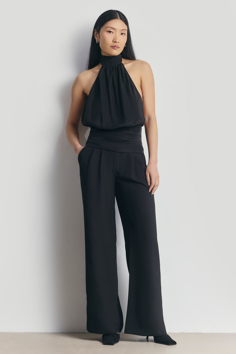 Cupro Backless Belted Halterneck Top - Black