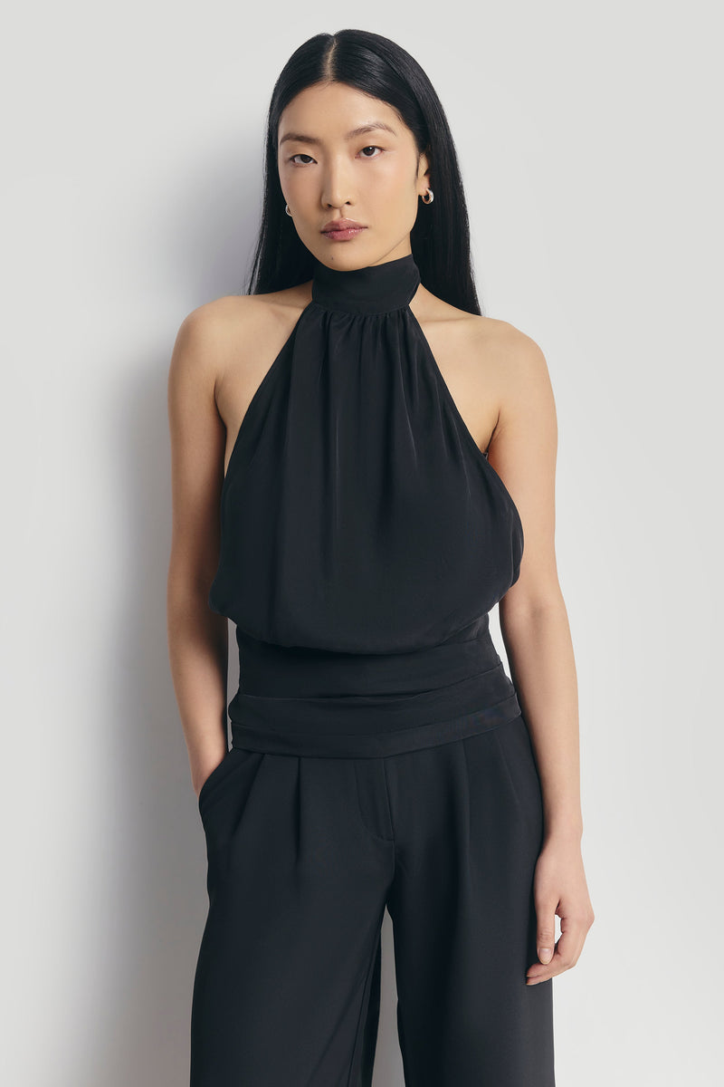 Cupro Backless Belted Halterneck Top - Black