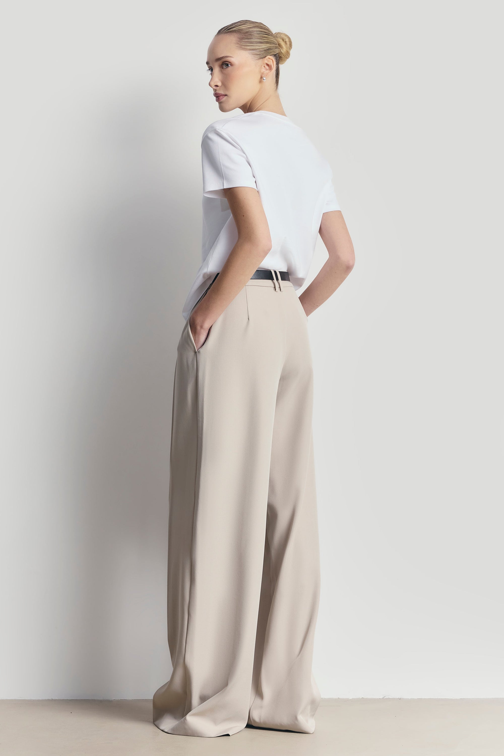 Box Pleat Tailored Wide Leg Trousers - Stone