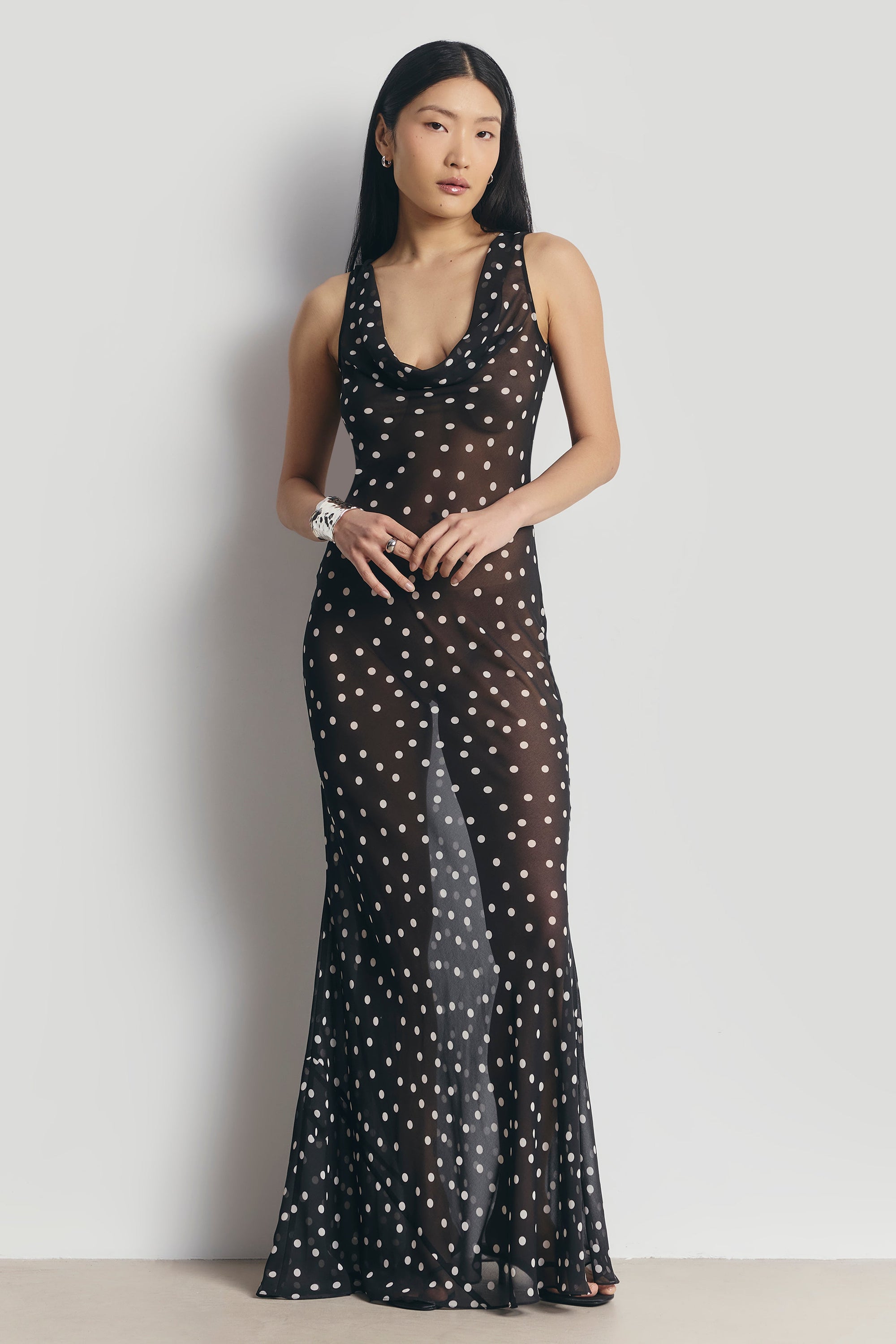 polka dot long dress Chiffon Cowl Neck Gown - Maxi Polka Dot