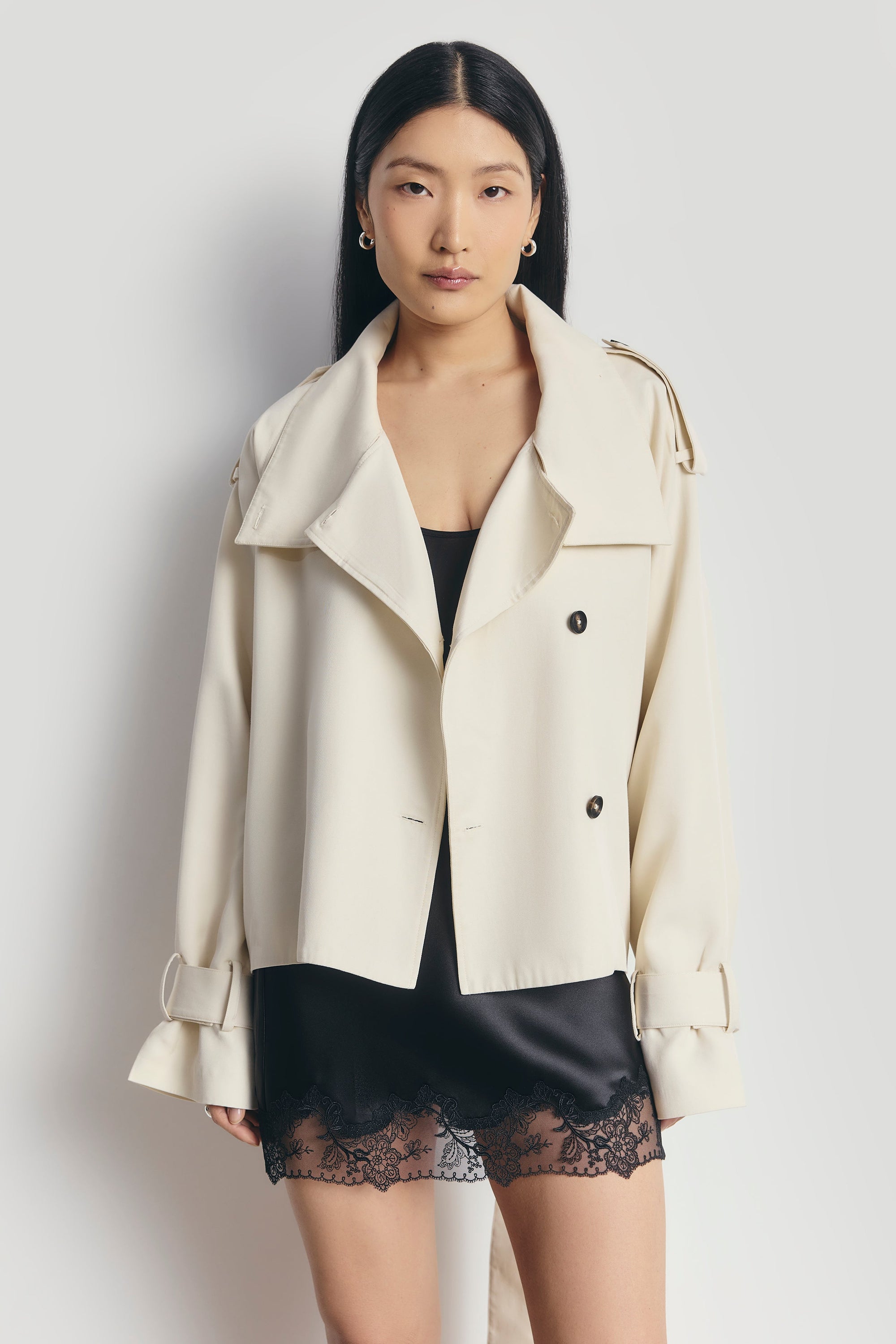 Cropped Funnel Neck Trench - Ecru