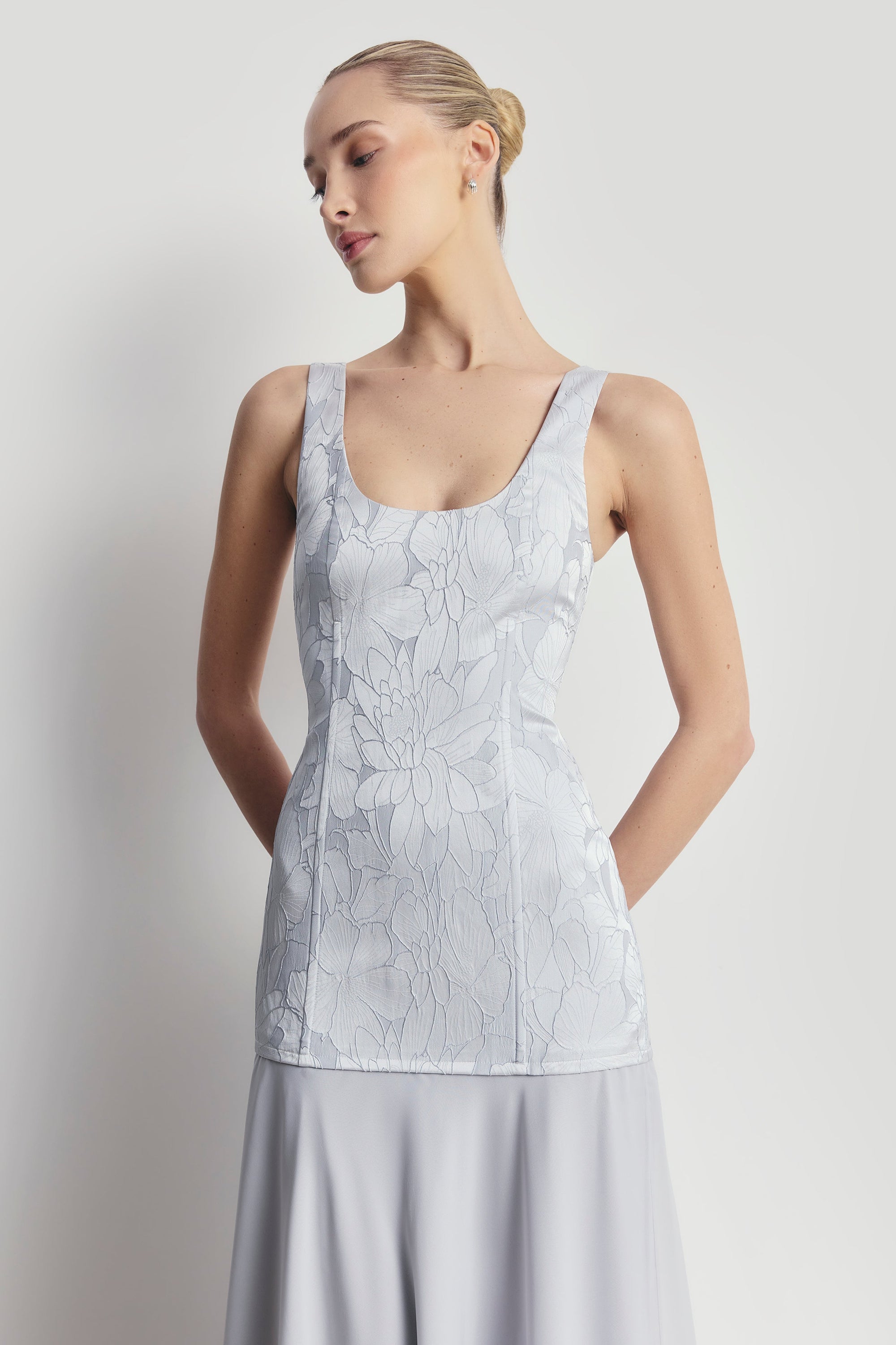 Jacquard Corset Gown with Chiffon Skirt - Frost