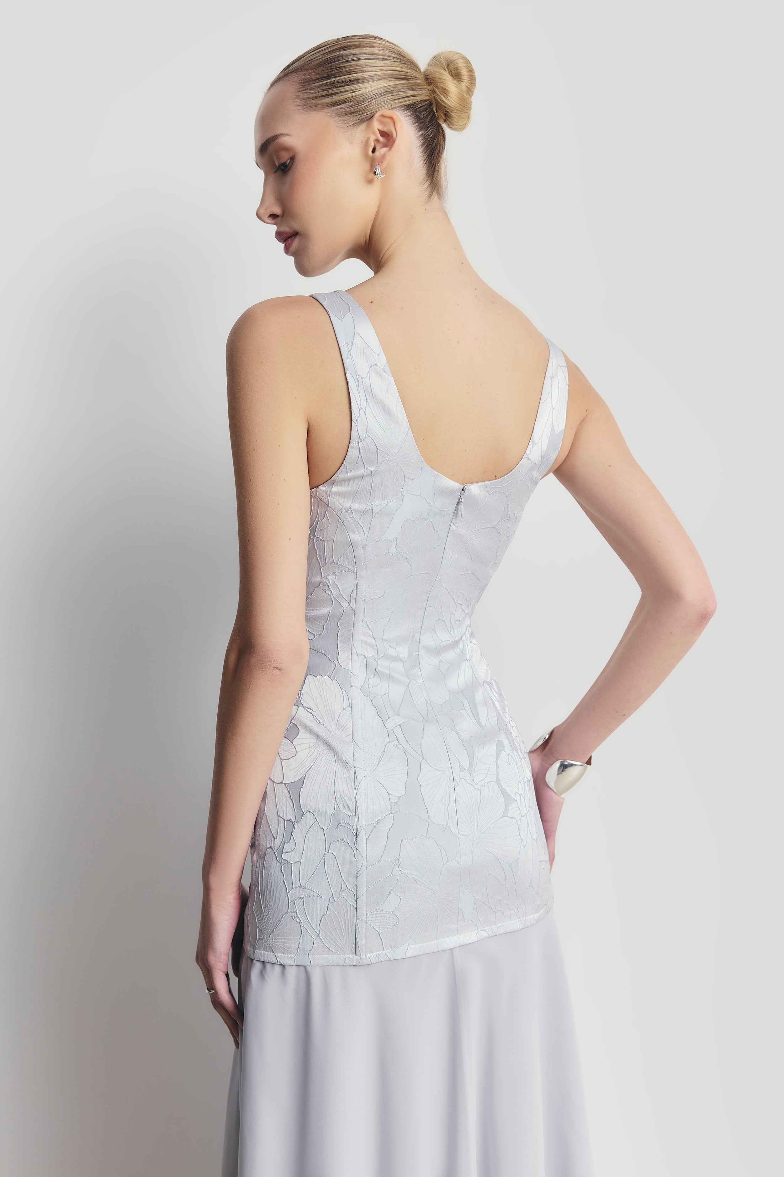Jacquard Corset Gown with Chiffon Skirt - Frost