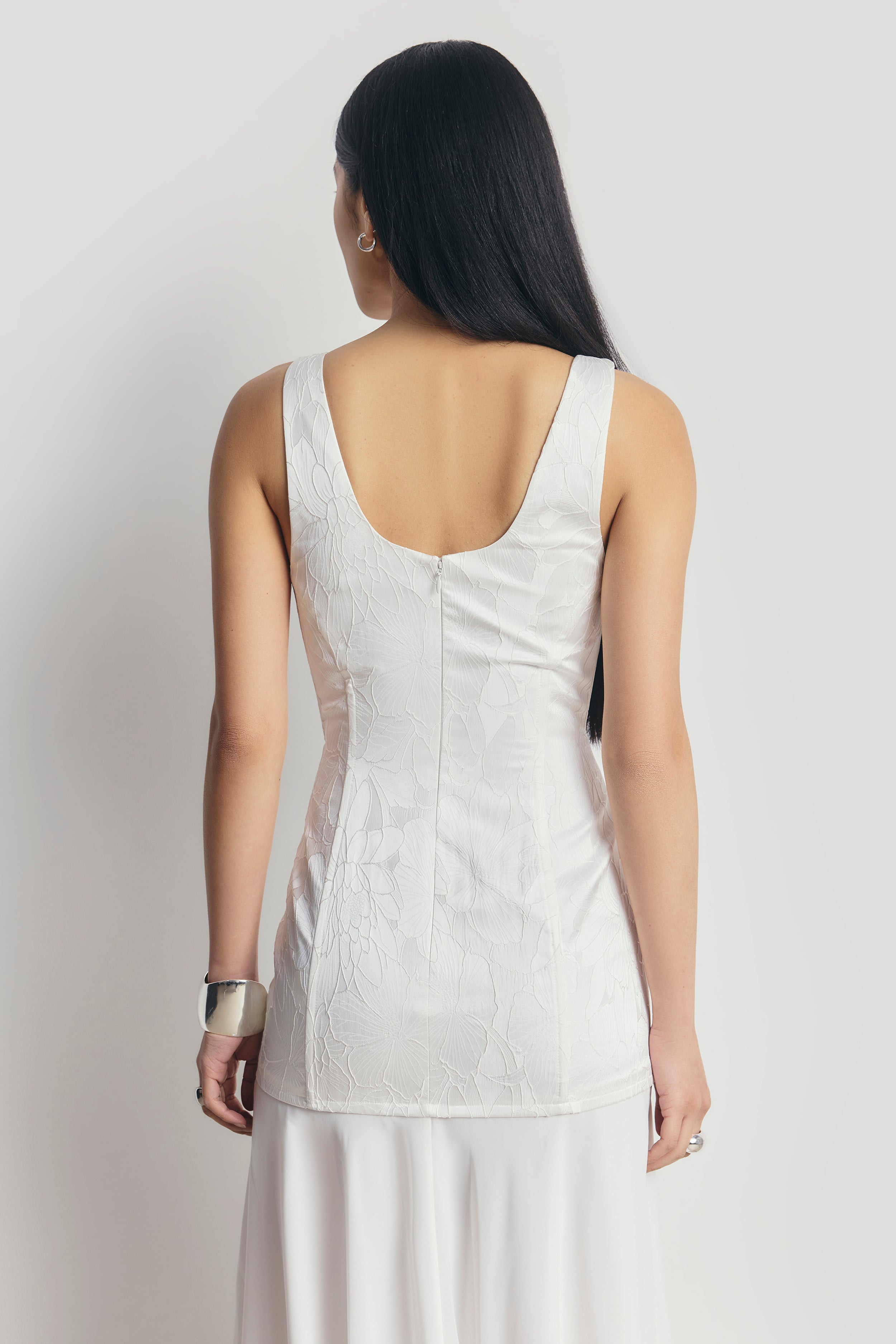 Jacquard Corset Gown with Chiffon Skirt - White