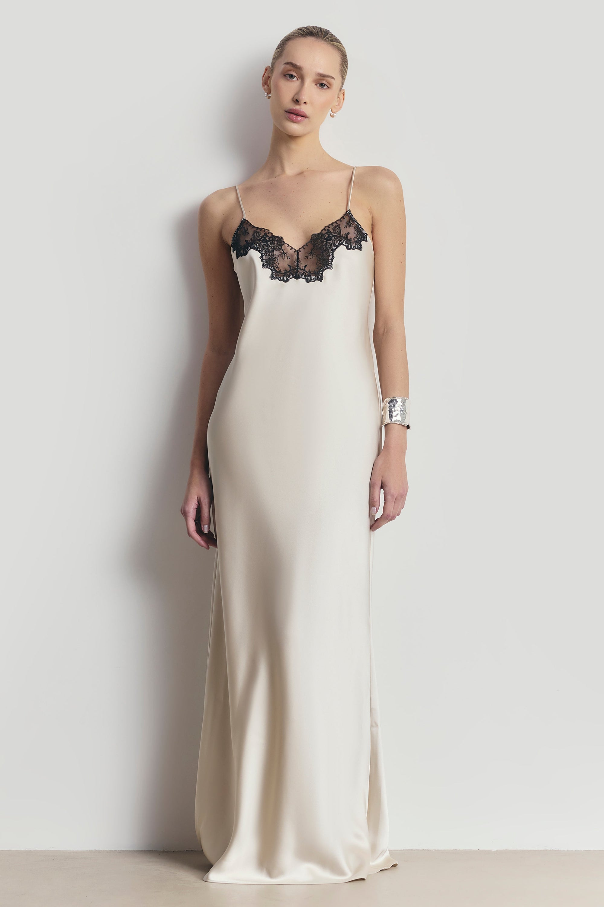 Satin Lace Detail Camisole Maxi Dress - Champagne/Black