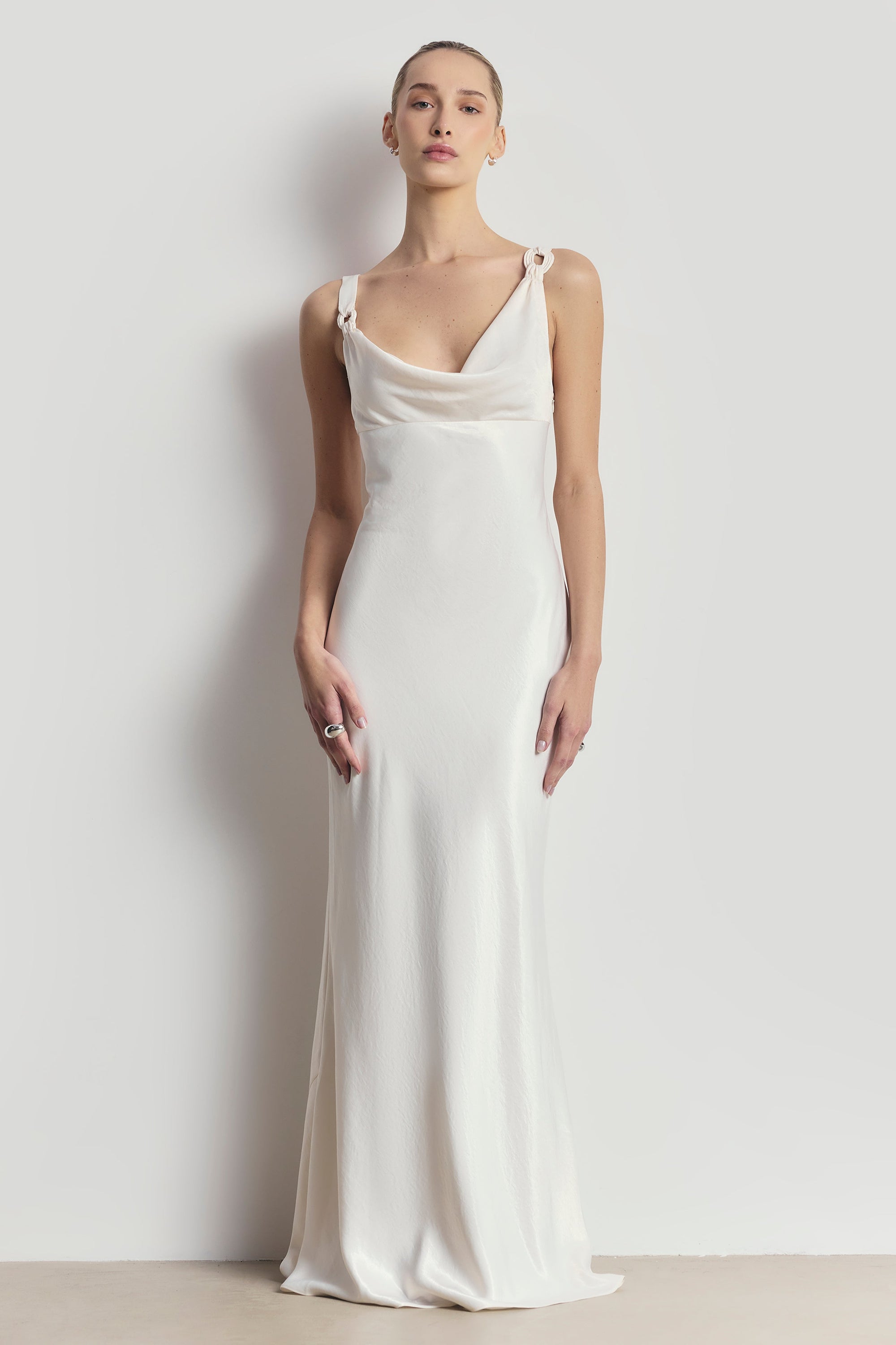 satin cowl neck white dress Cowl Neck Ivory Sheath Satin Wedding Dresses with Button Slit, Diamond White / 0