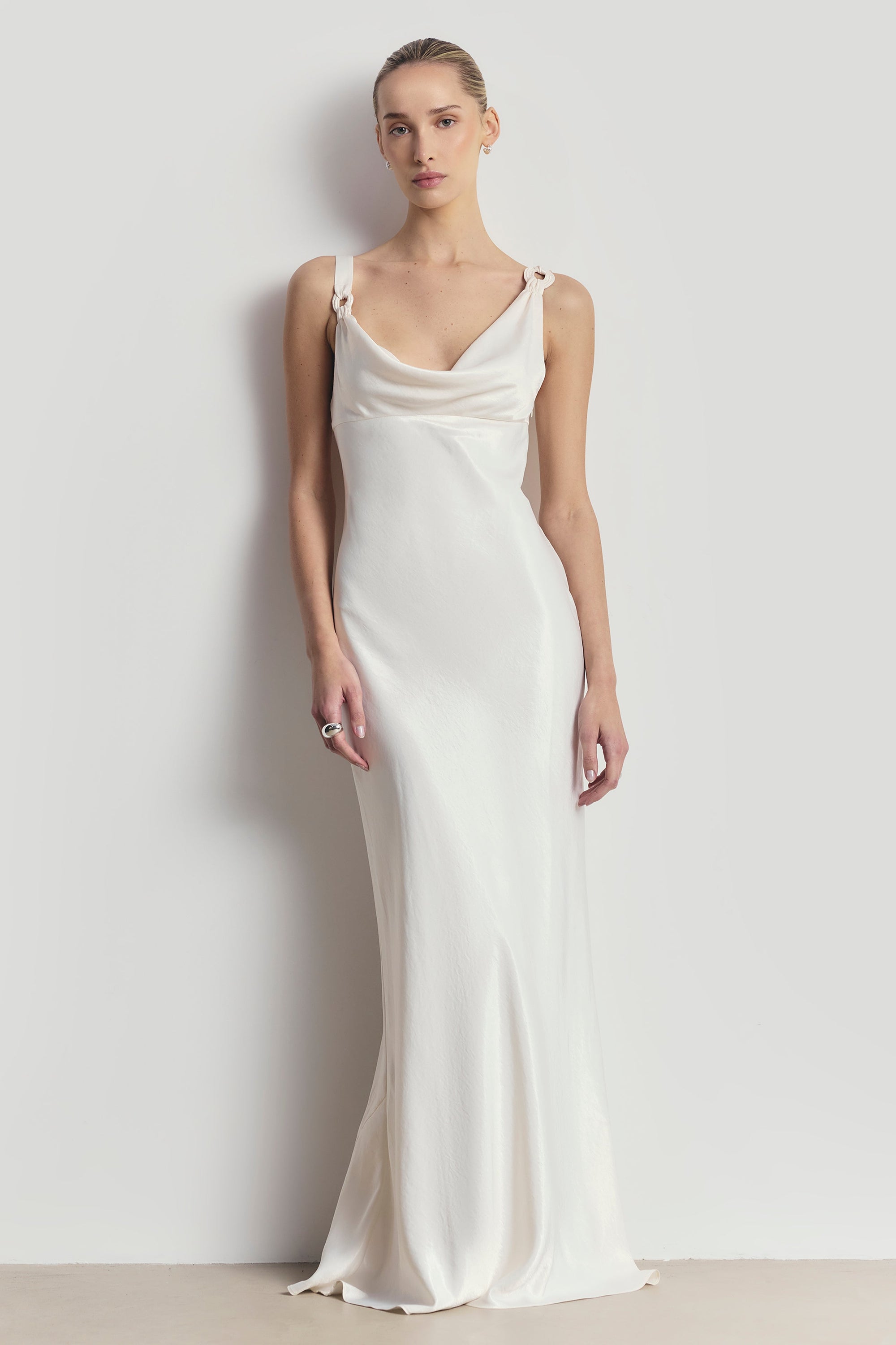 High Gloss Satin Cowl Neck Gown - Cream