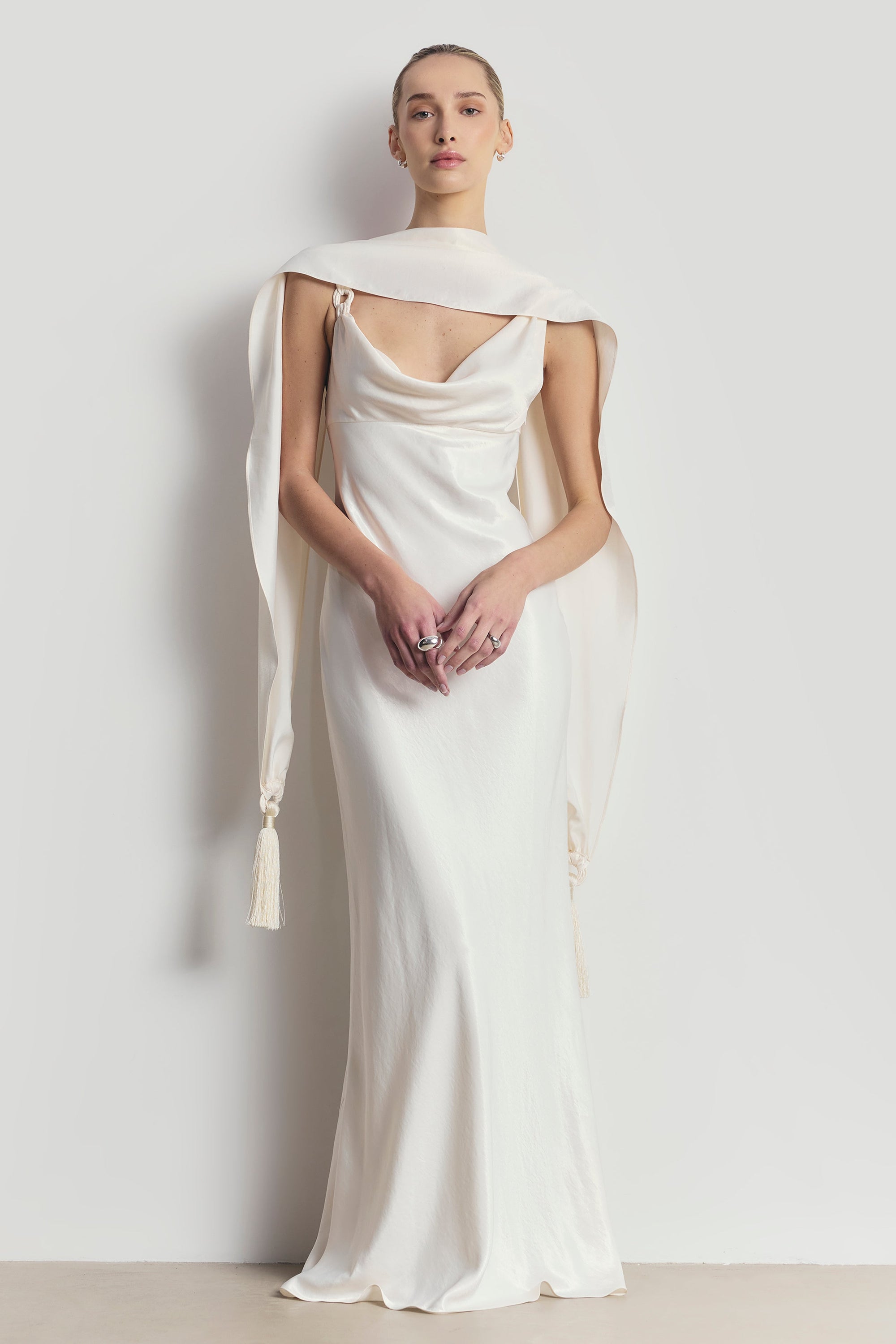 cream satin high neck dress Serenity AMANDA BUTTER-CREAM HIGH-NECK SILK-SATIN MAXI DRESS