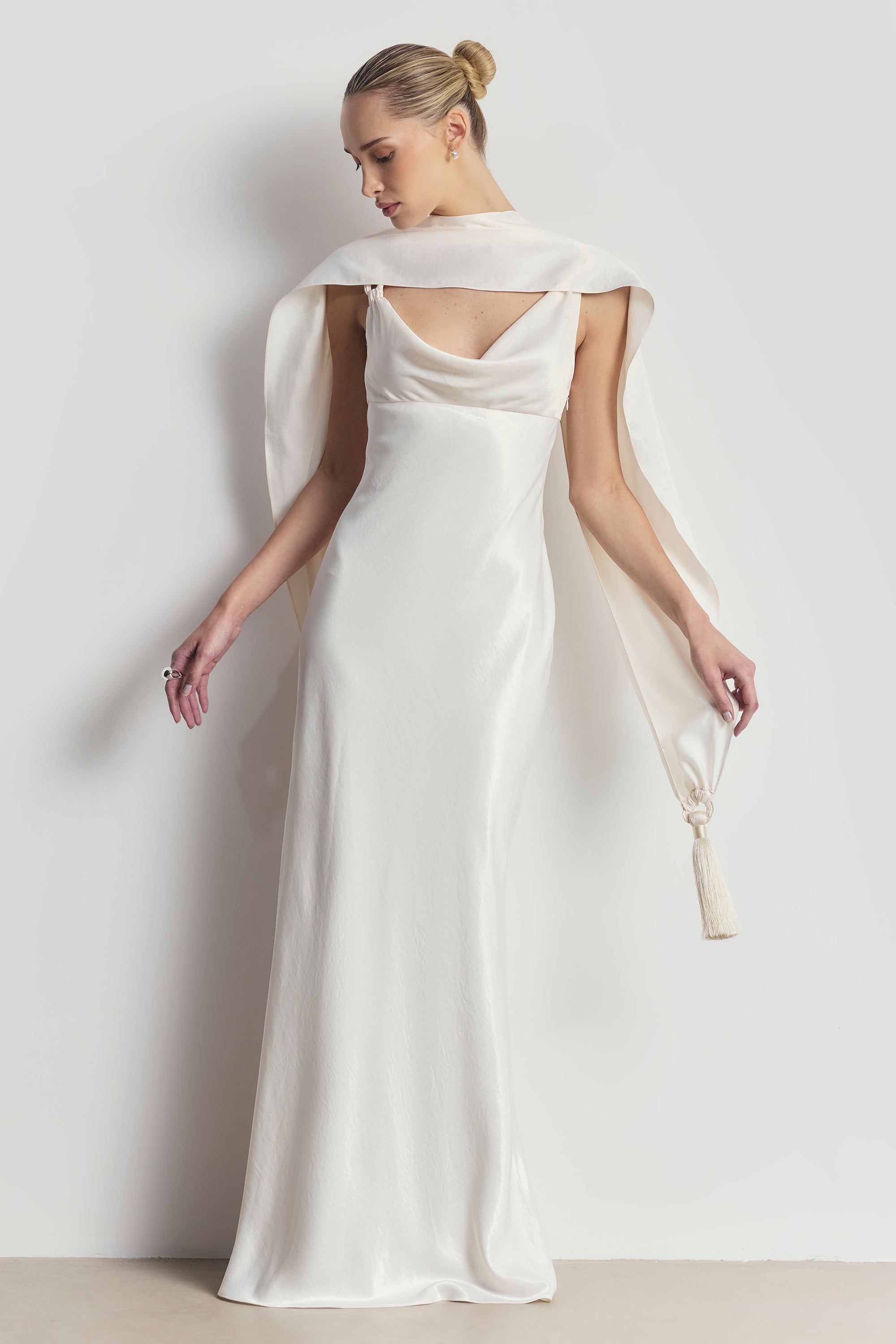 High Gloss Satin Tassel Shawl - Cream