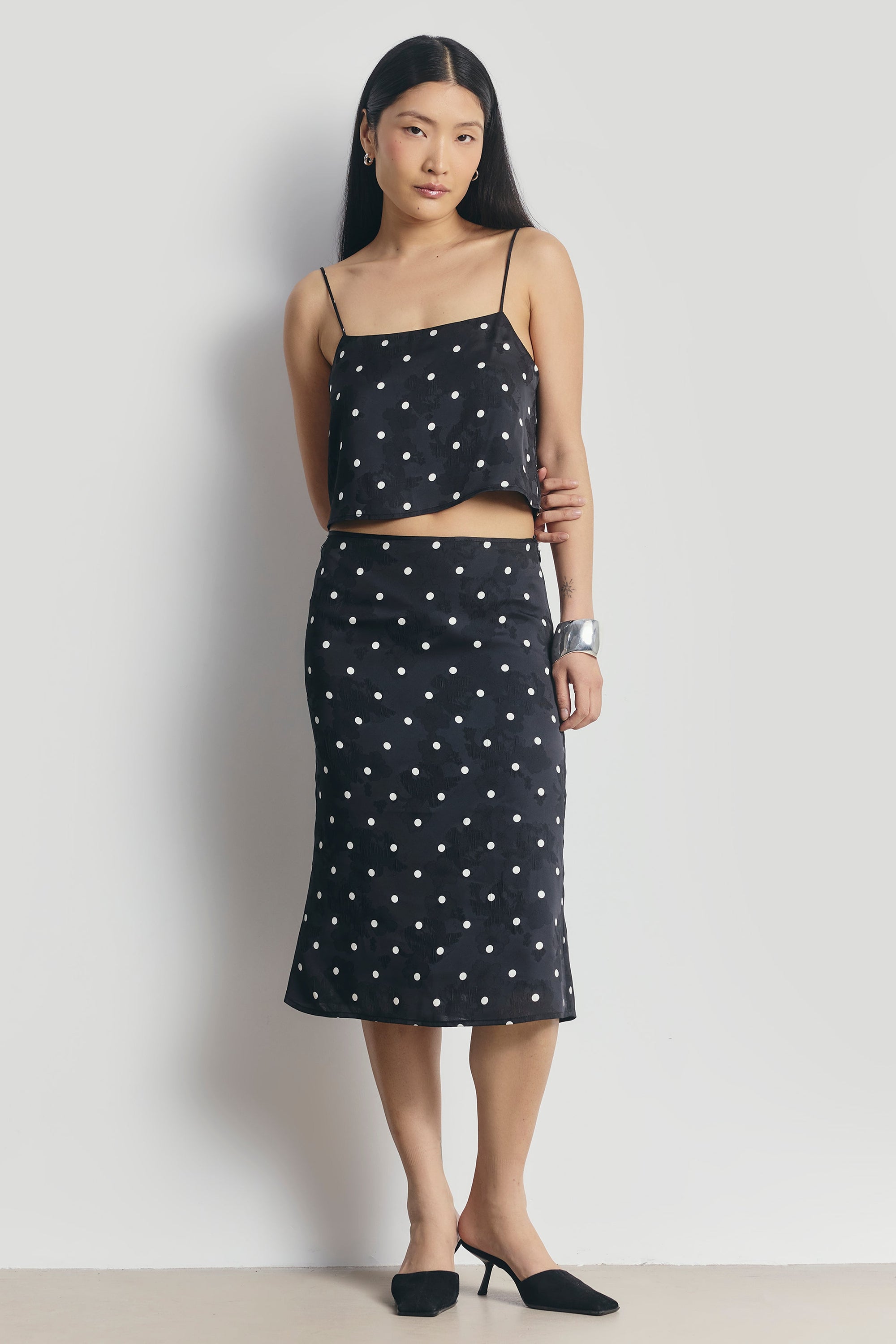 Satin Jacquard Polka Dot Camisole Top - Black Polka Dot