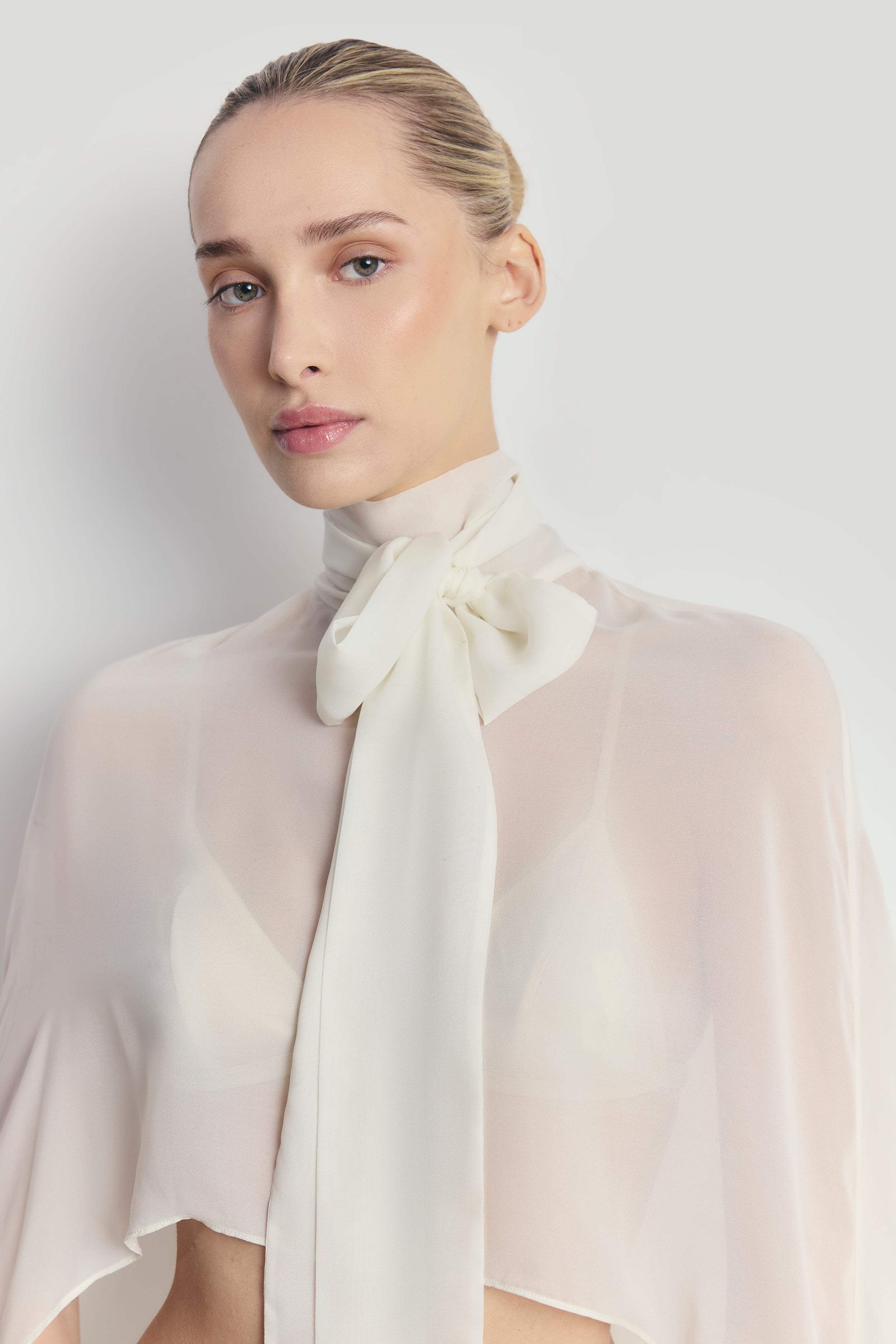 Sheer Chiffon High Neck Cape - Cream