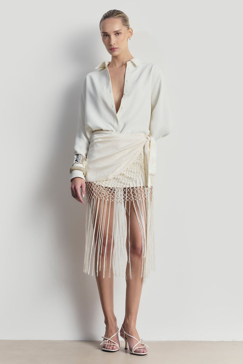 Satin Jacquard Sarong Midi Skirt with Fringing - Cream